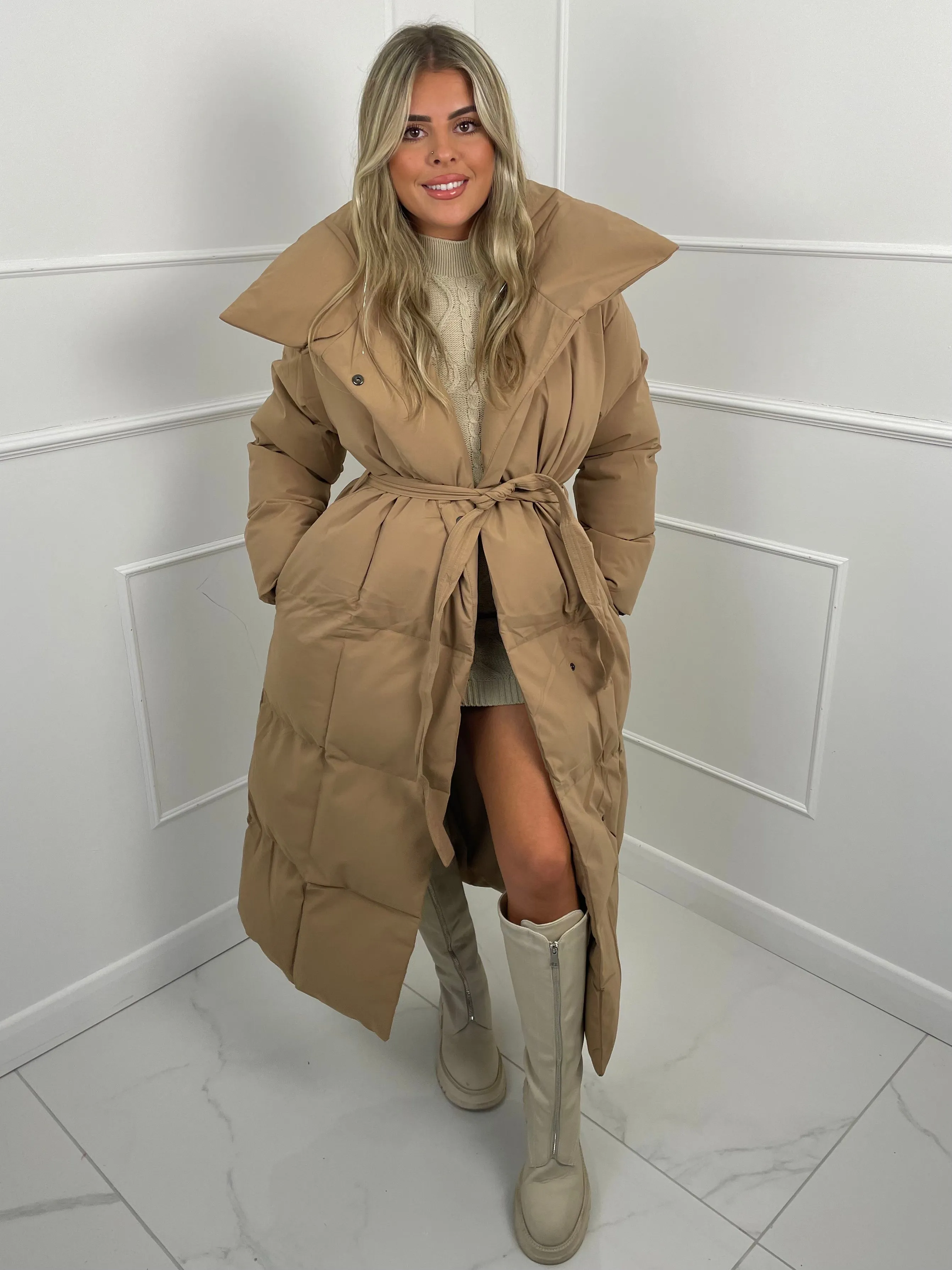 Long Belted Puffer Coat - Beige