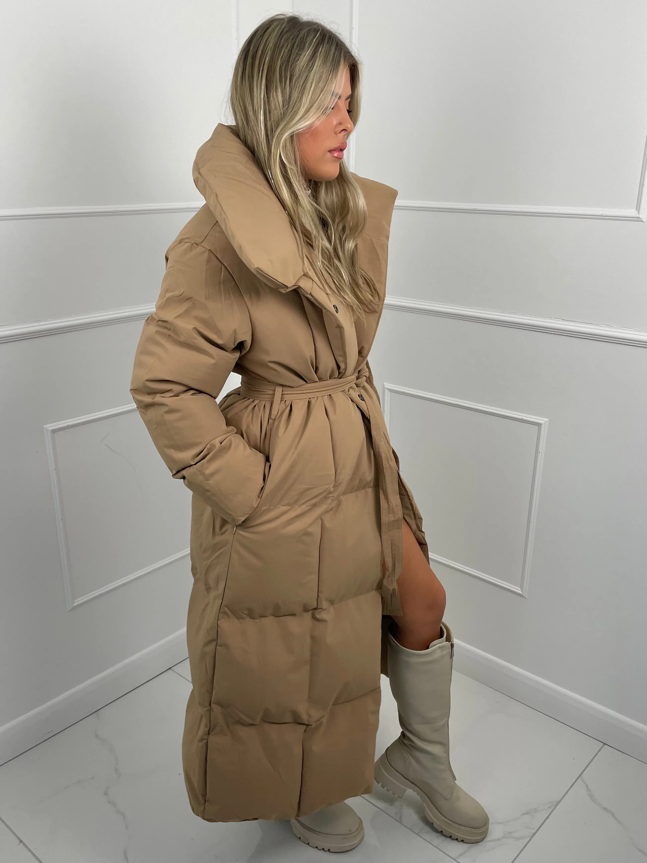 Long Belted Puffer Coat - Beige