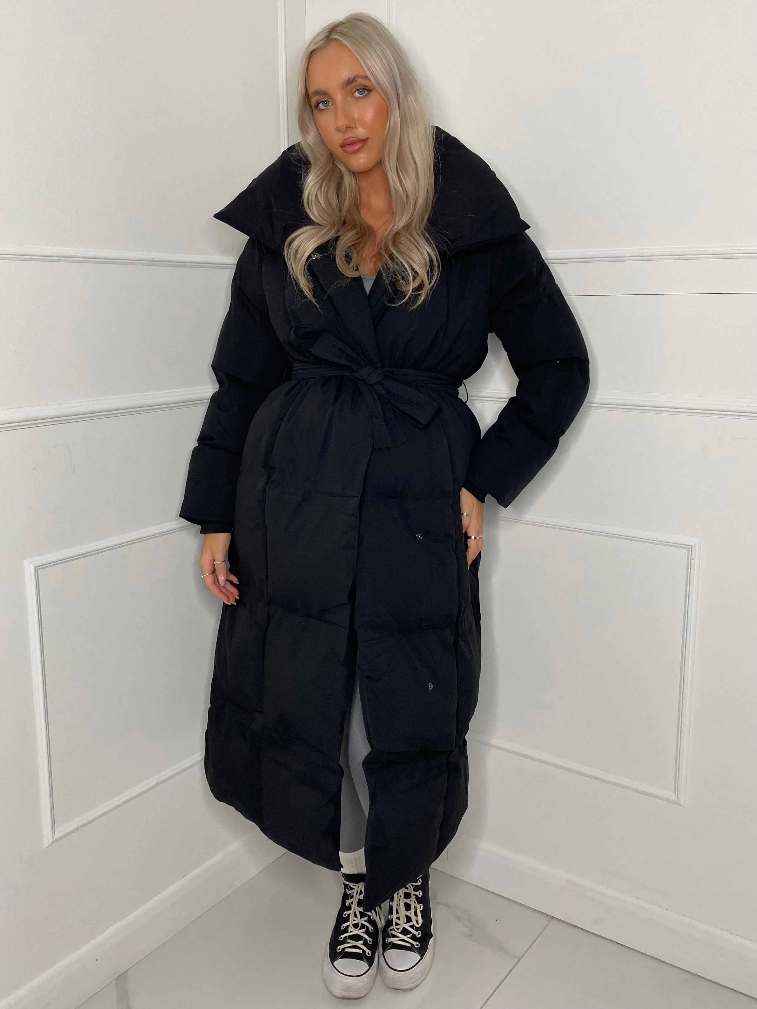 Long Belted Puffer Coat - Black