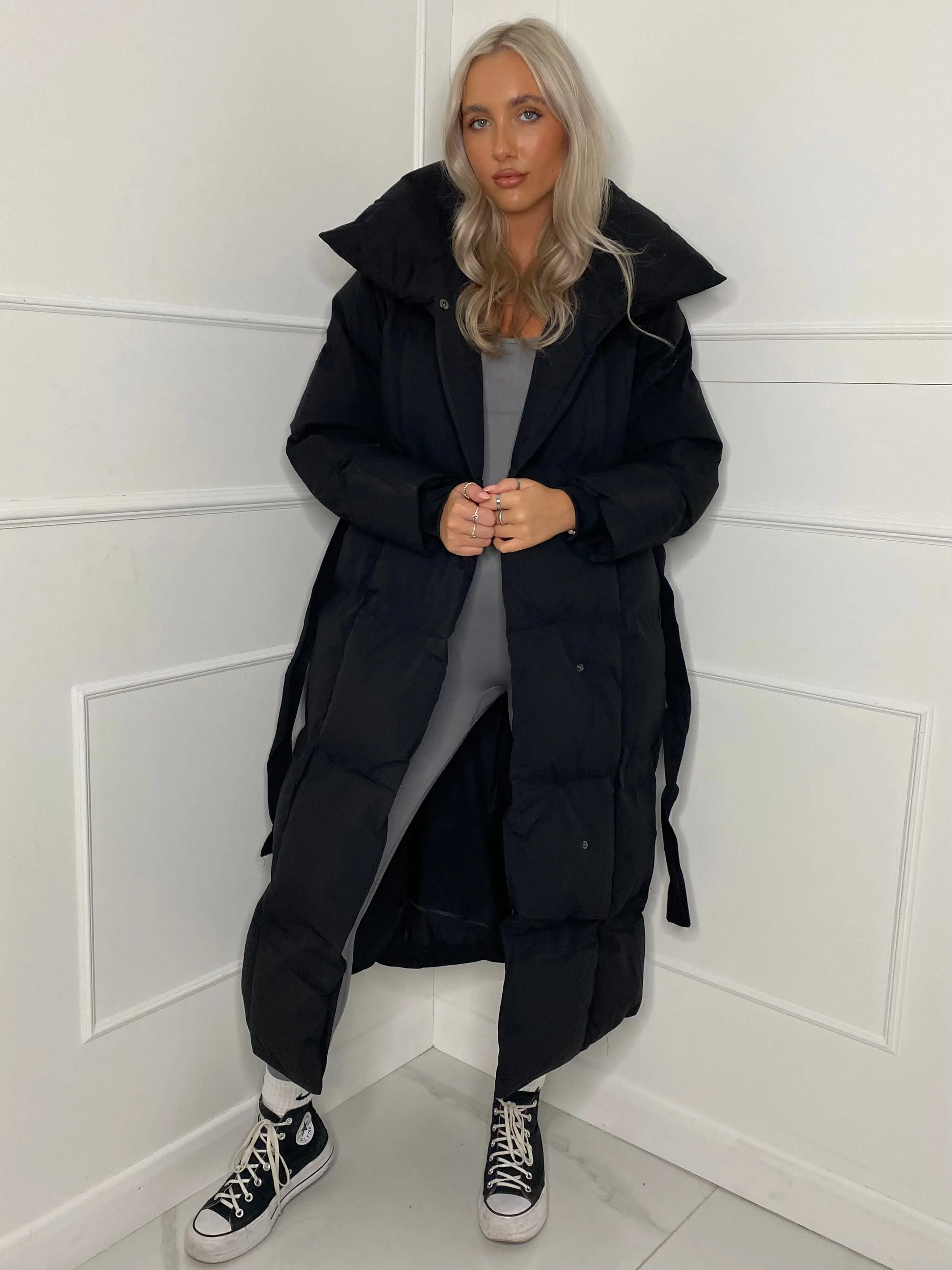 Long Belted Puffer Coat - Black