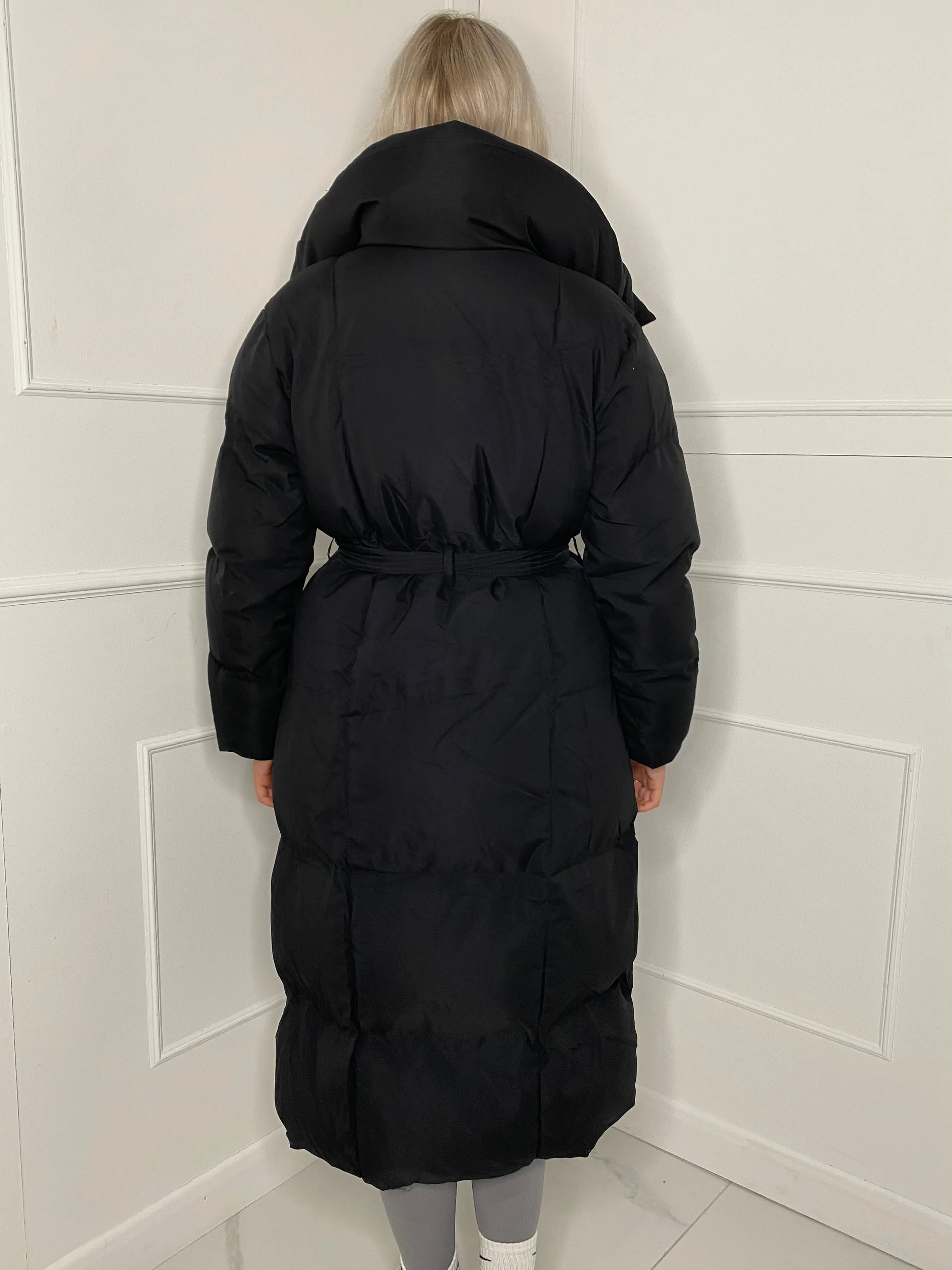 Long Belted Puffer Coat - Black