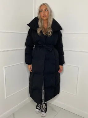 Long Belted Puffer Coat - Black