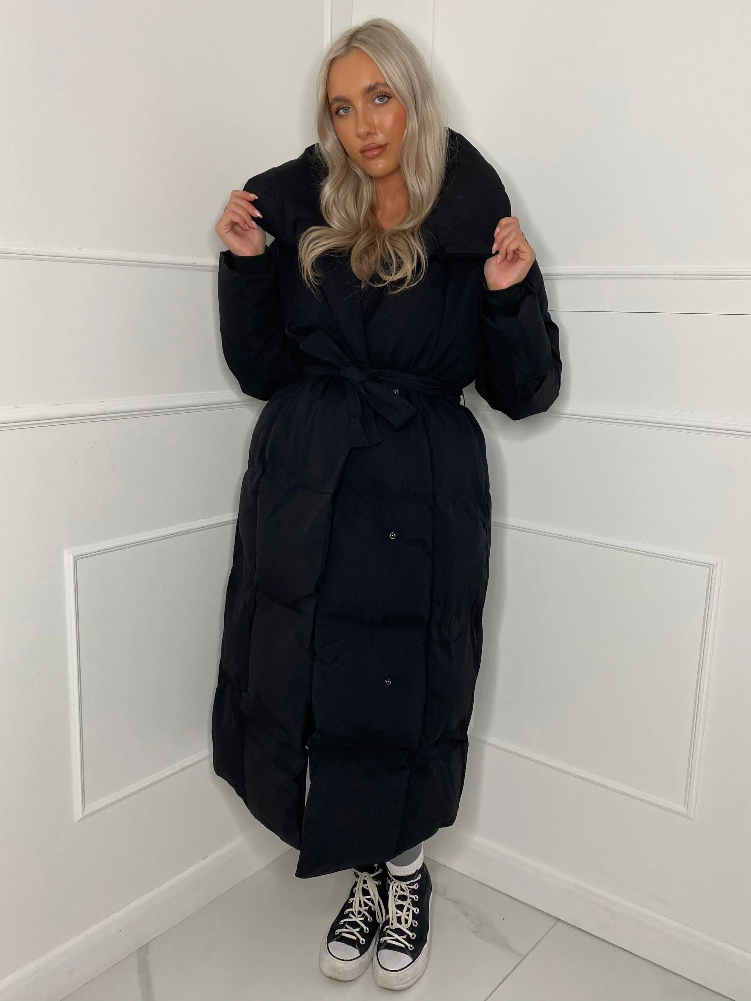 Long Belted Puffer Coat - Black