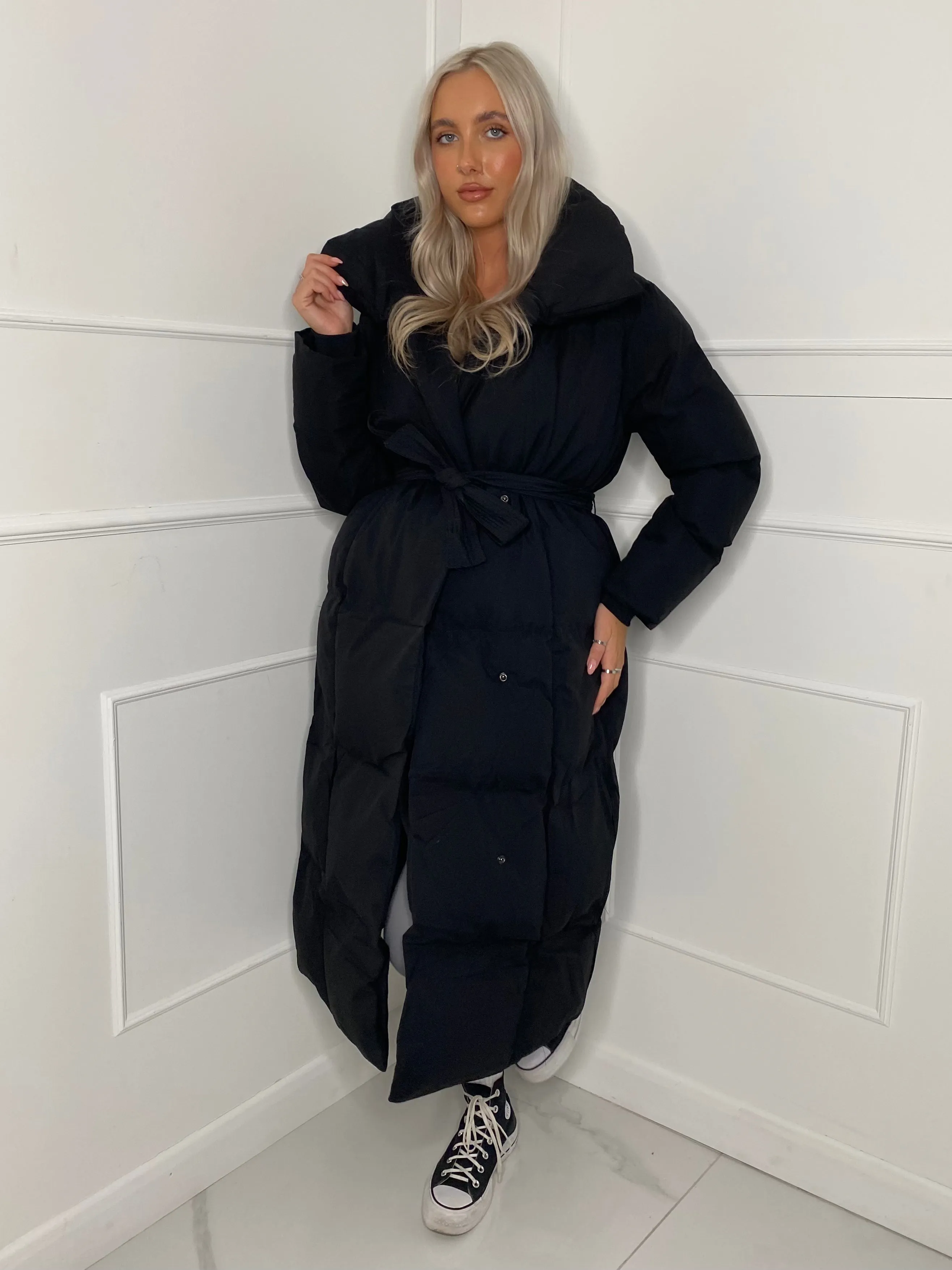 Long Belted Puffer Coat - Black