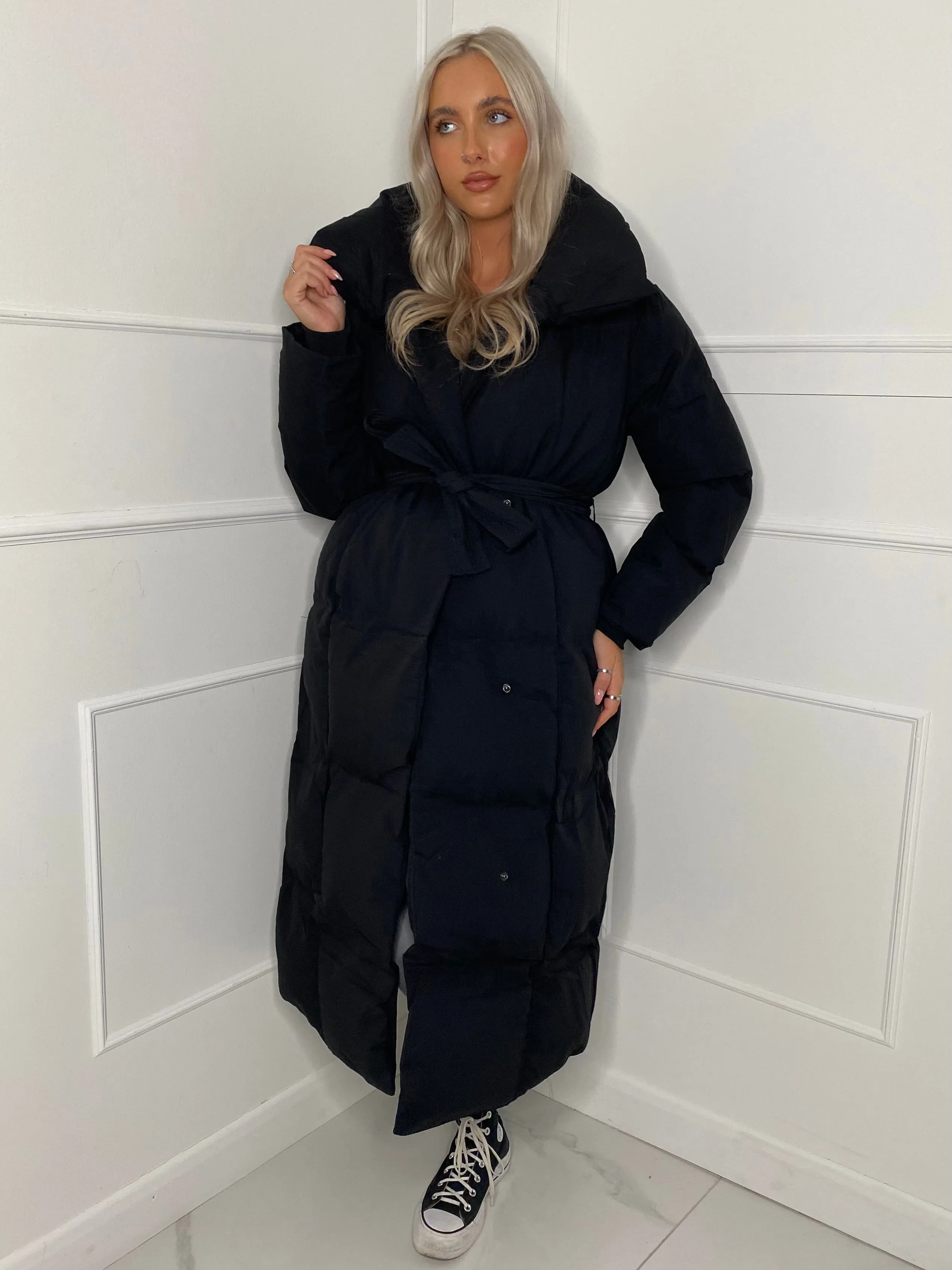 Long Belted Puffer Coat - Black