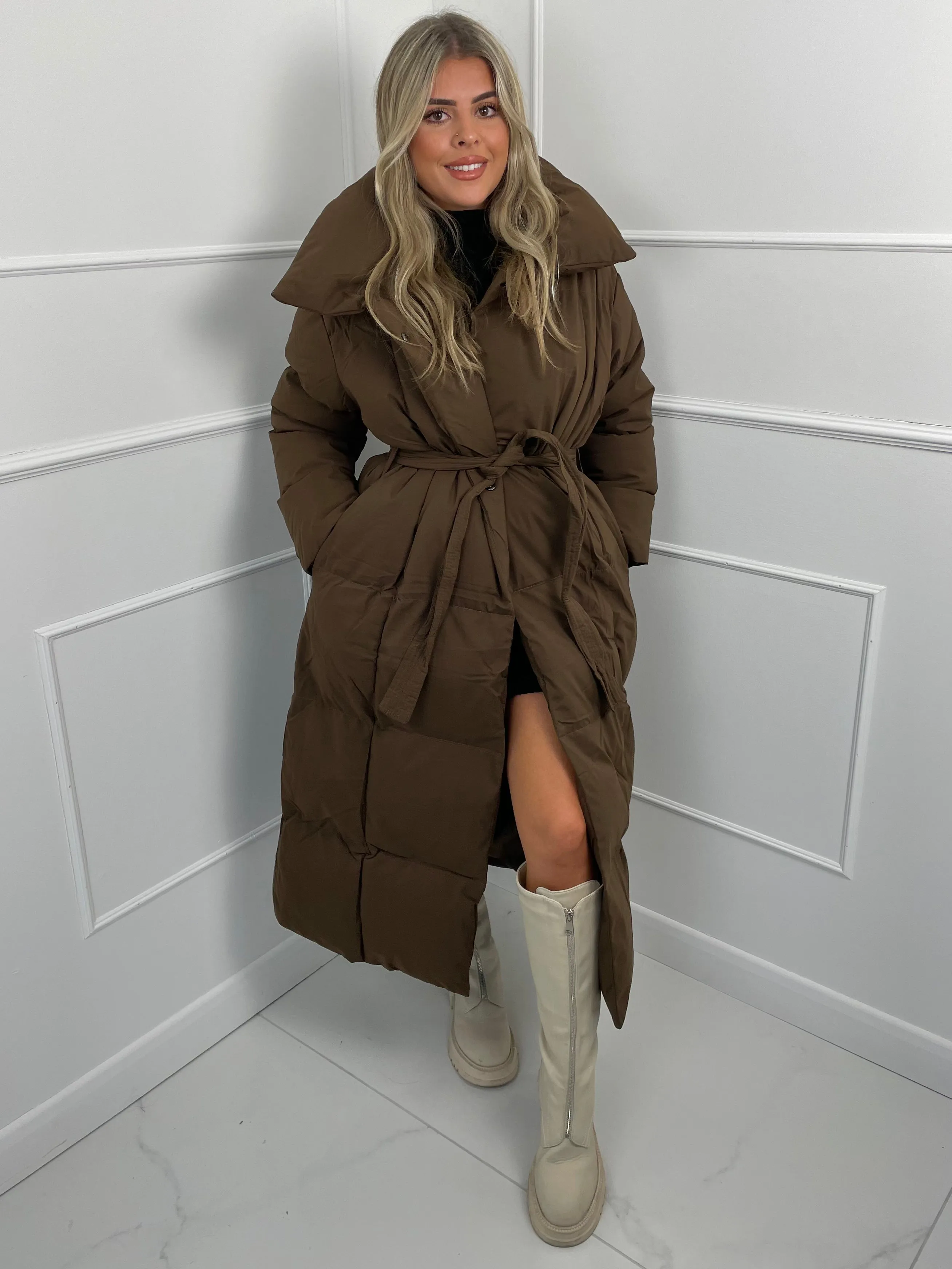 Long Belted Puffer Coat- Brown