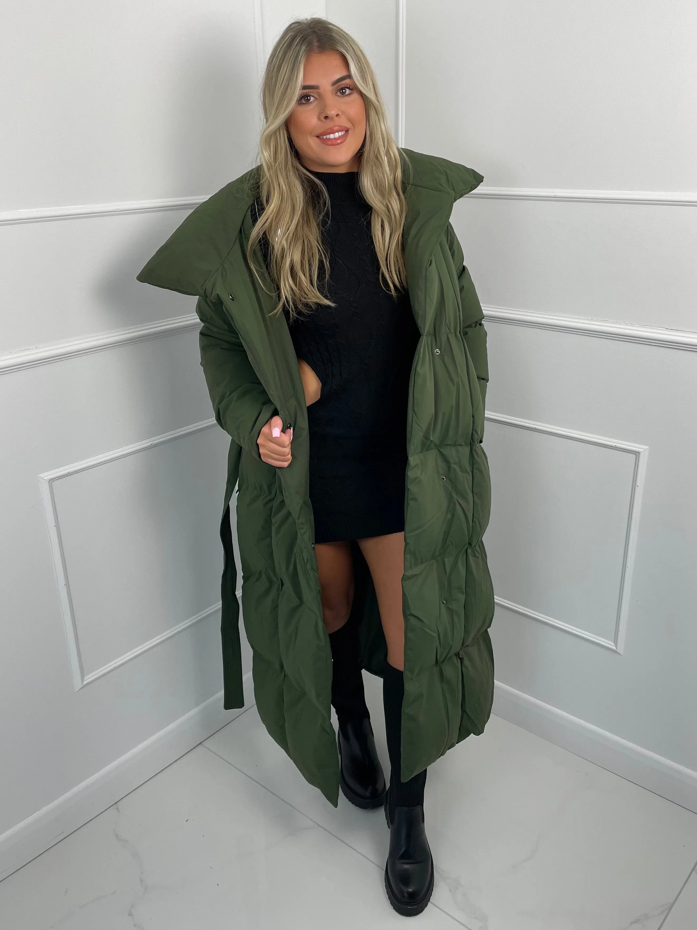 Long Belted Puffer Coat - Khaki