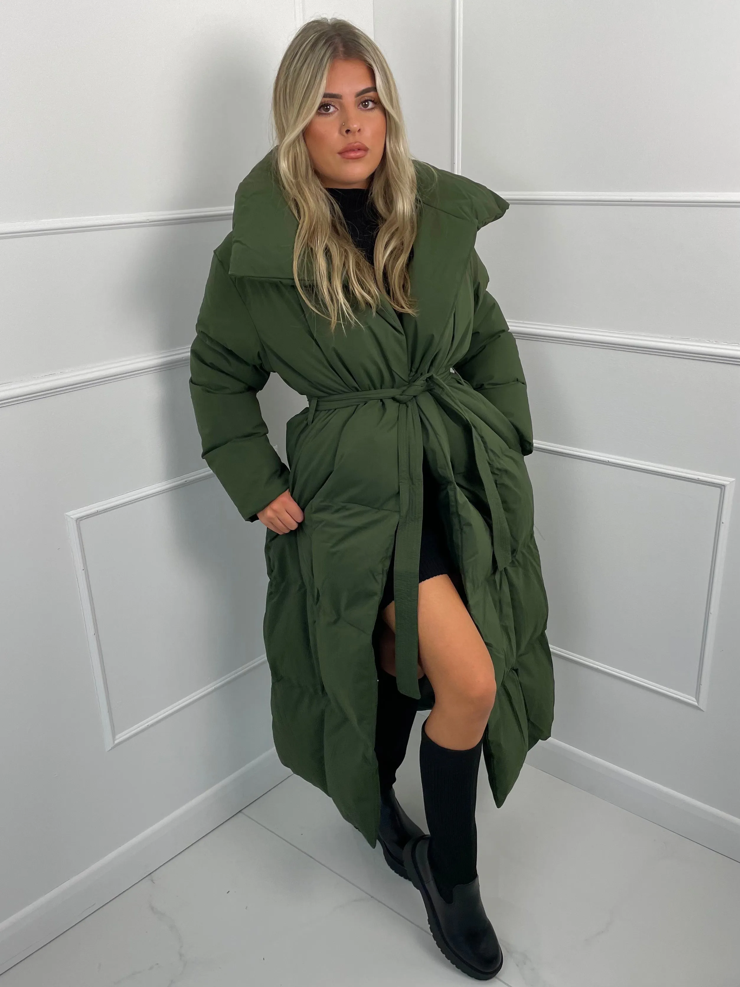 Long Belted Puffer Coat - Khaki