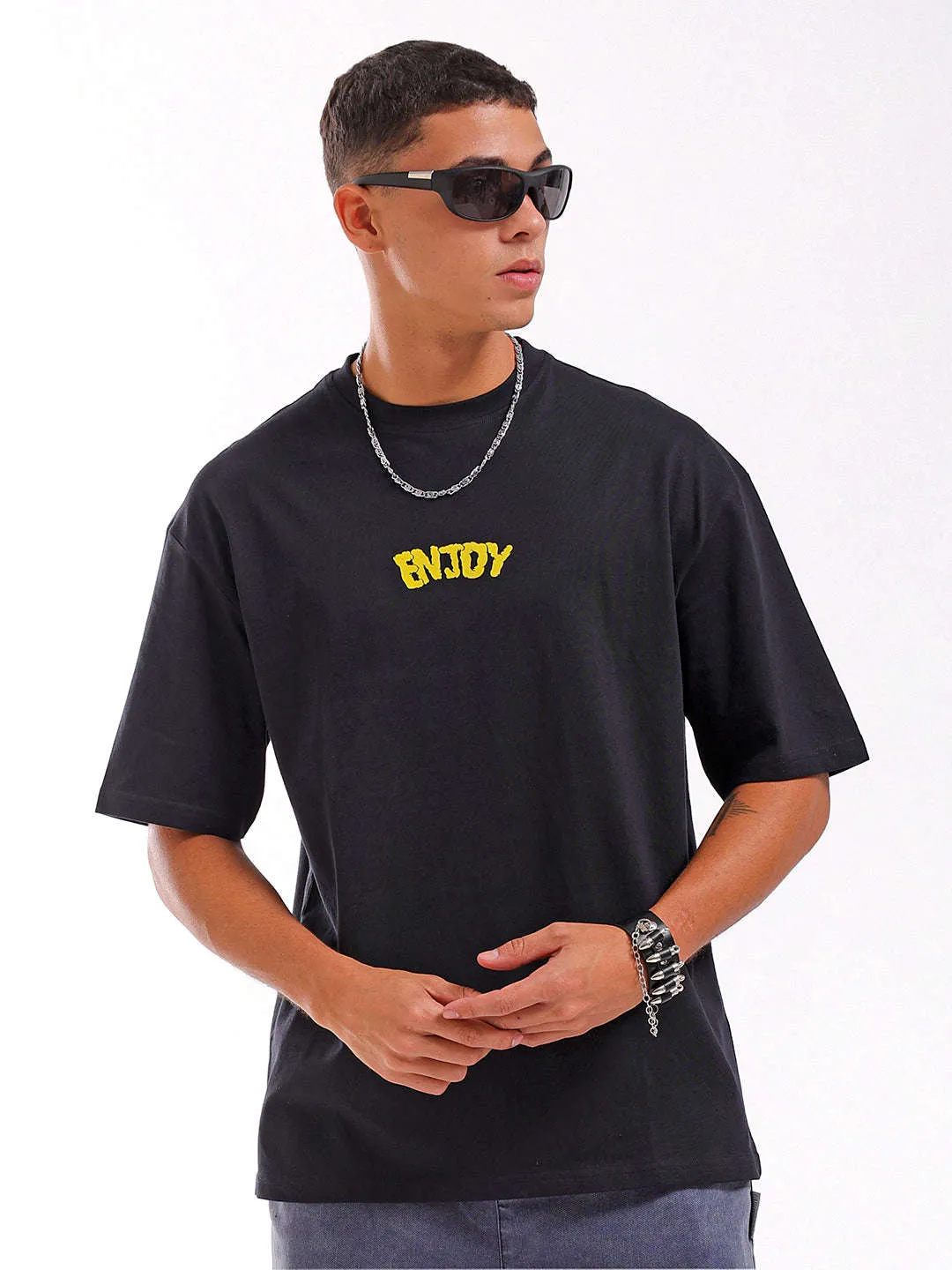 Men Black Oversized Fit Back Printed T-Shirt