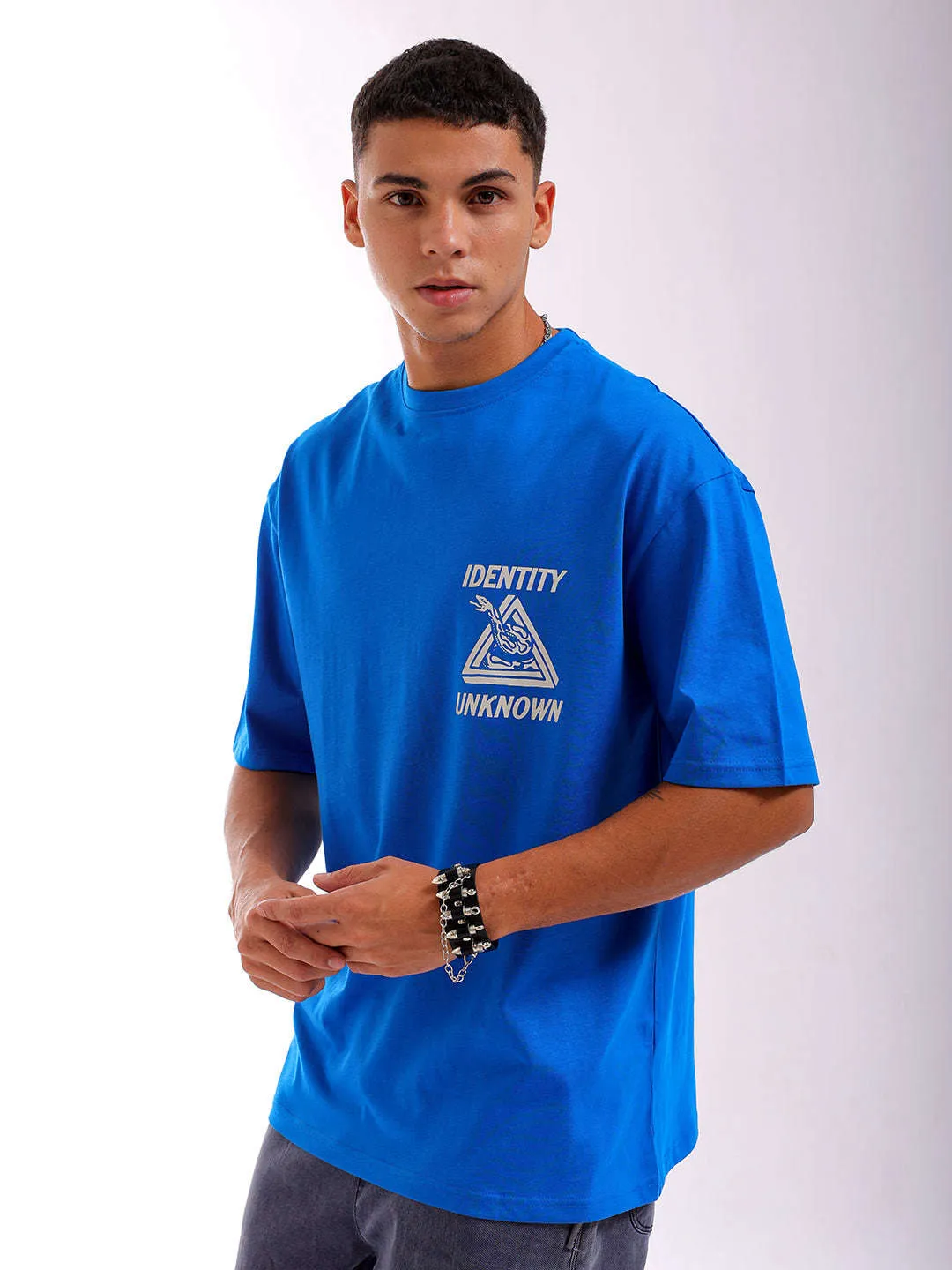 Men Blue Oversized Fit Back Printed T-Shirt