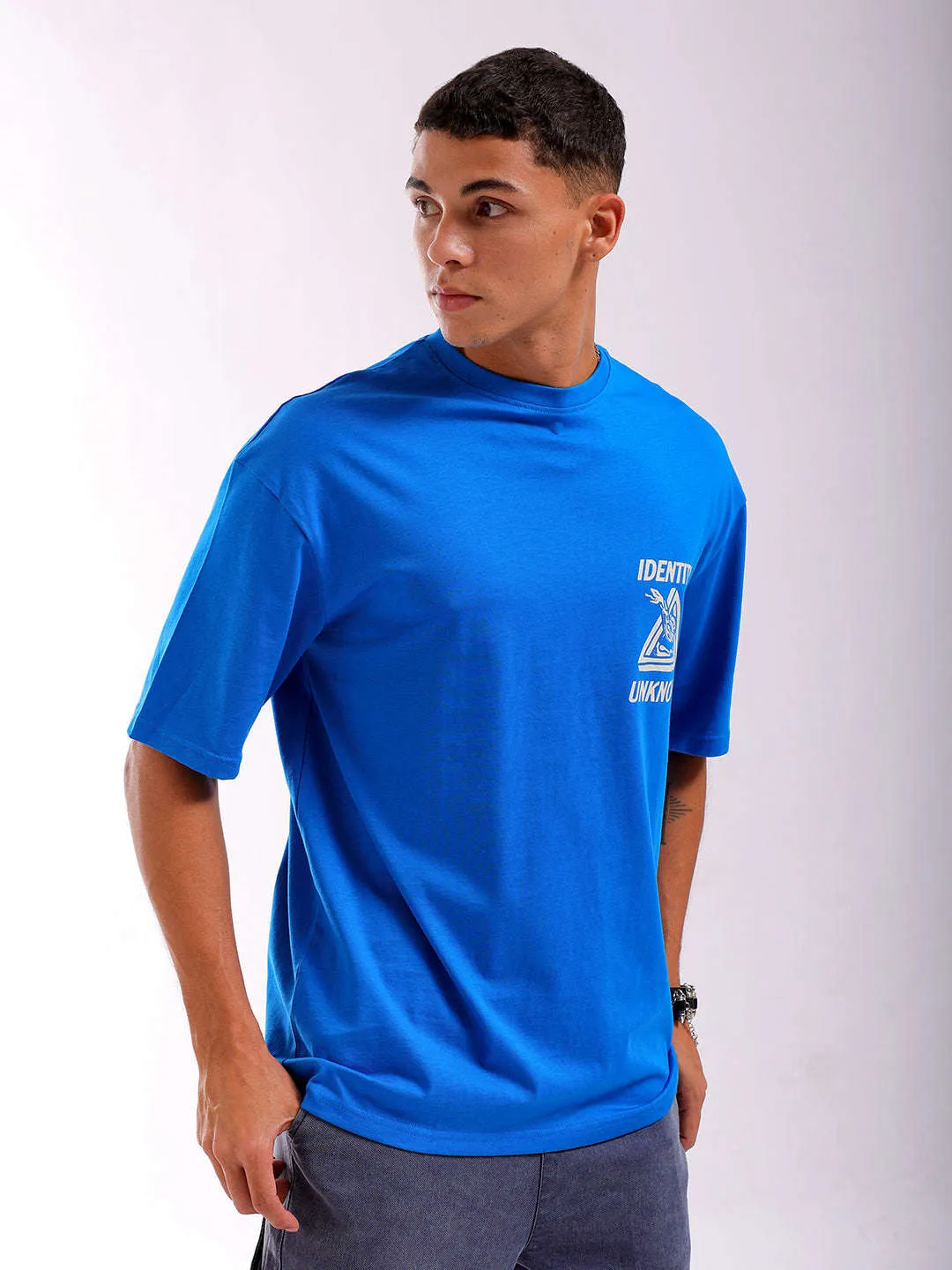 Men Blue Oversized Fit Back Printed T-Shirt