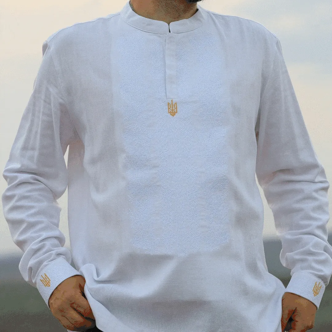 Men's embroidered shirt in Ukrainian style with an embroidered coat of arms