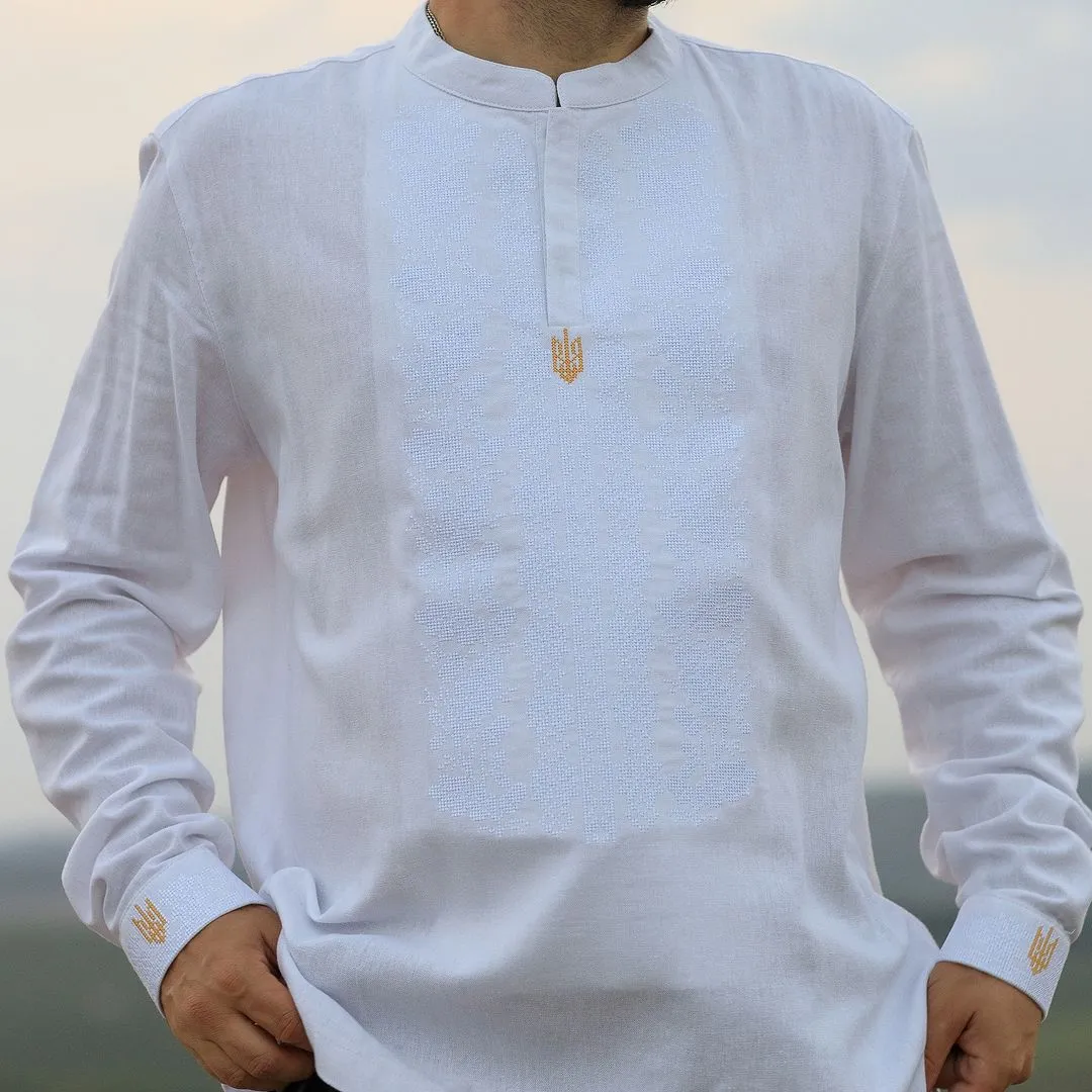 Men's embroidered shirt in Ukrainian style with an embroidered coat of arms