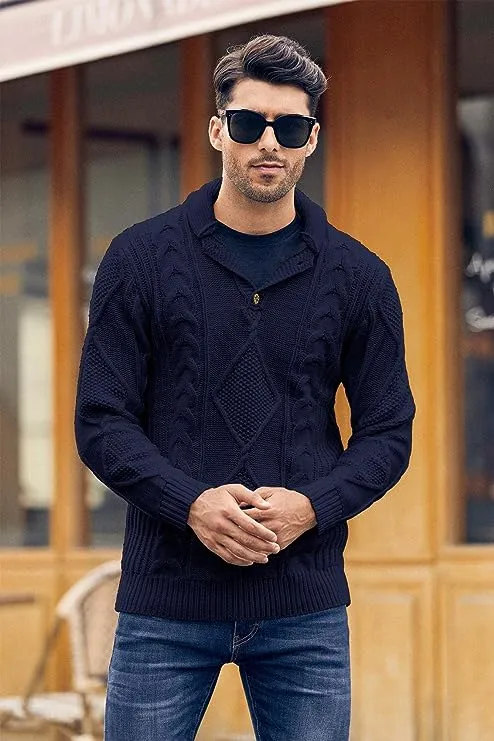 Men's Navy Blue Cable Knit Long Sleeve Button Neck Sweater