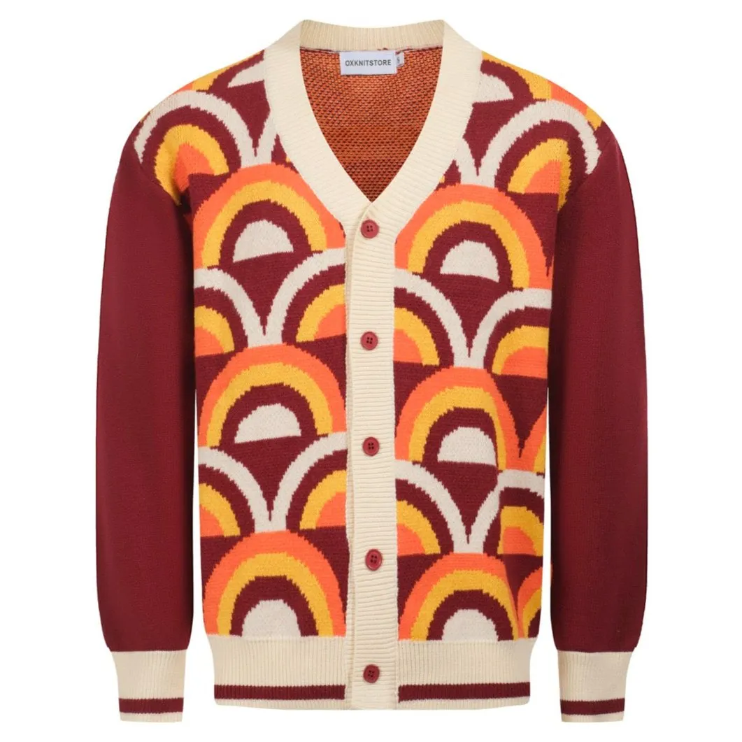 Men's Retro Cardigan – Bold Rainbow Arc Pattern Knit Sweater for Vintage Style Enthusiasts