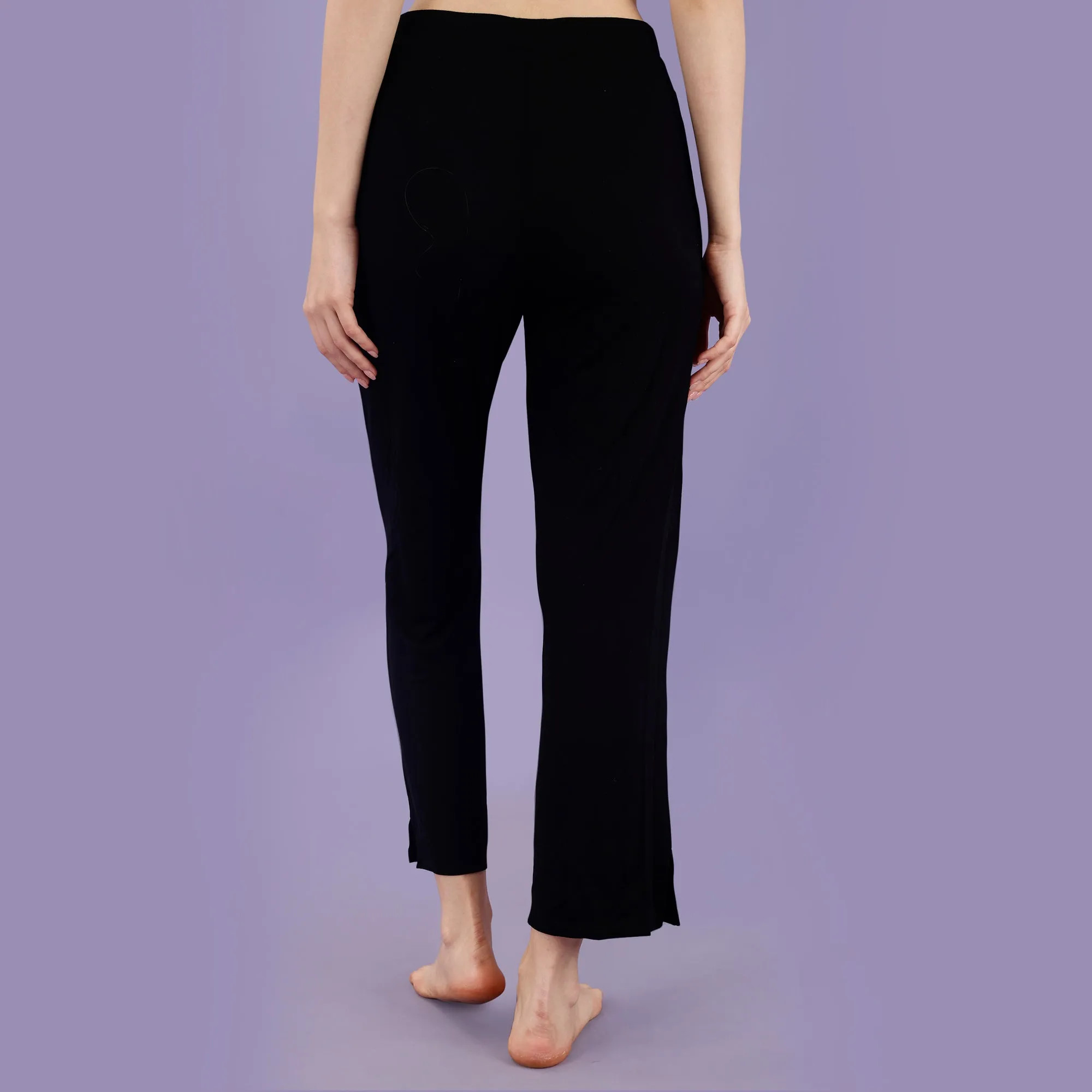 Mid Rise Flared Ankle Length Soft Lounge Pants with Side Slit and Pockets-NT-128