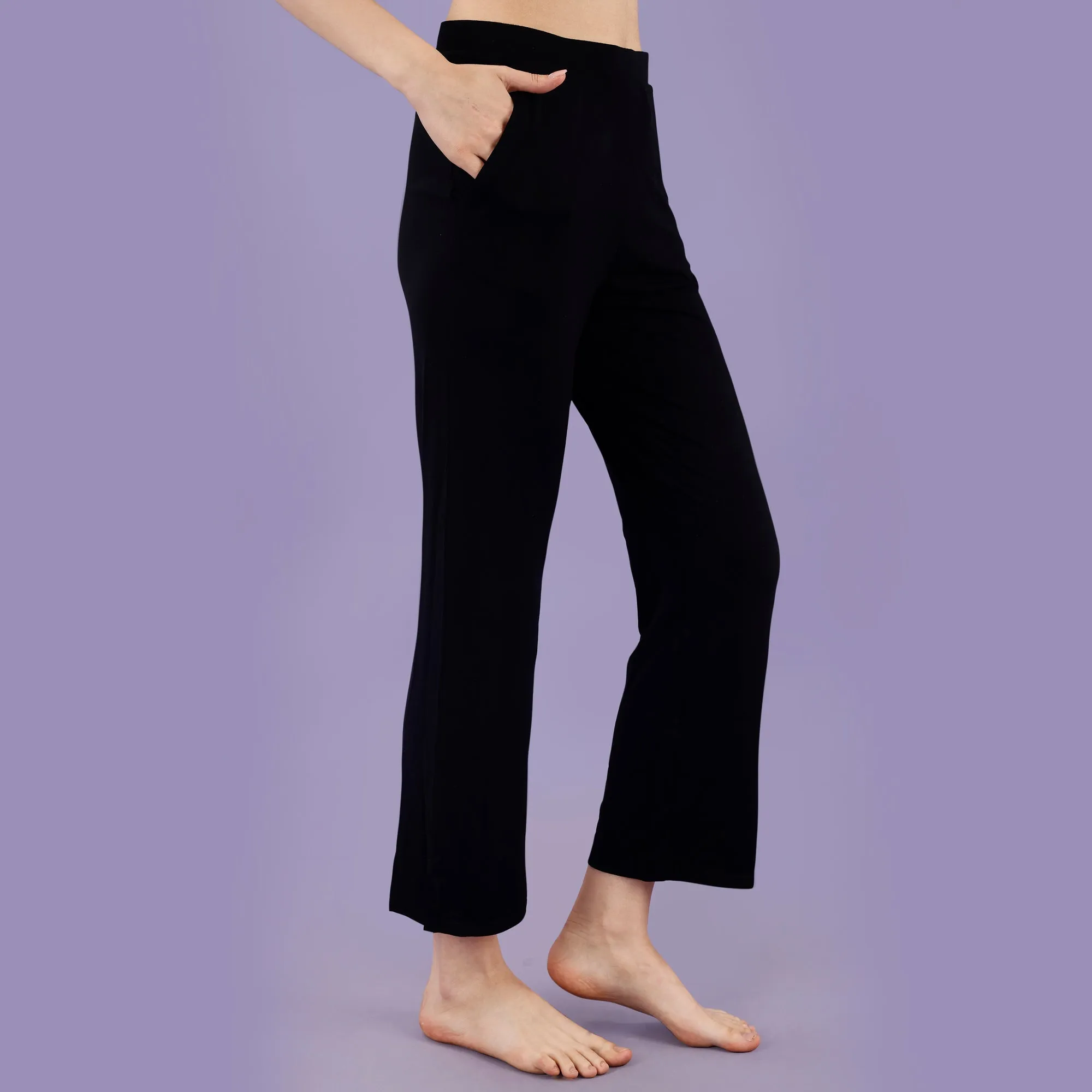 Mid Rise Flared Ankle Length Soft Lounge Pants with Side Slit and Pockets-NT-128