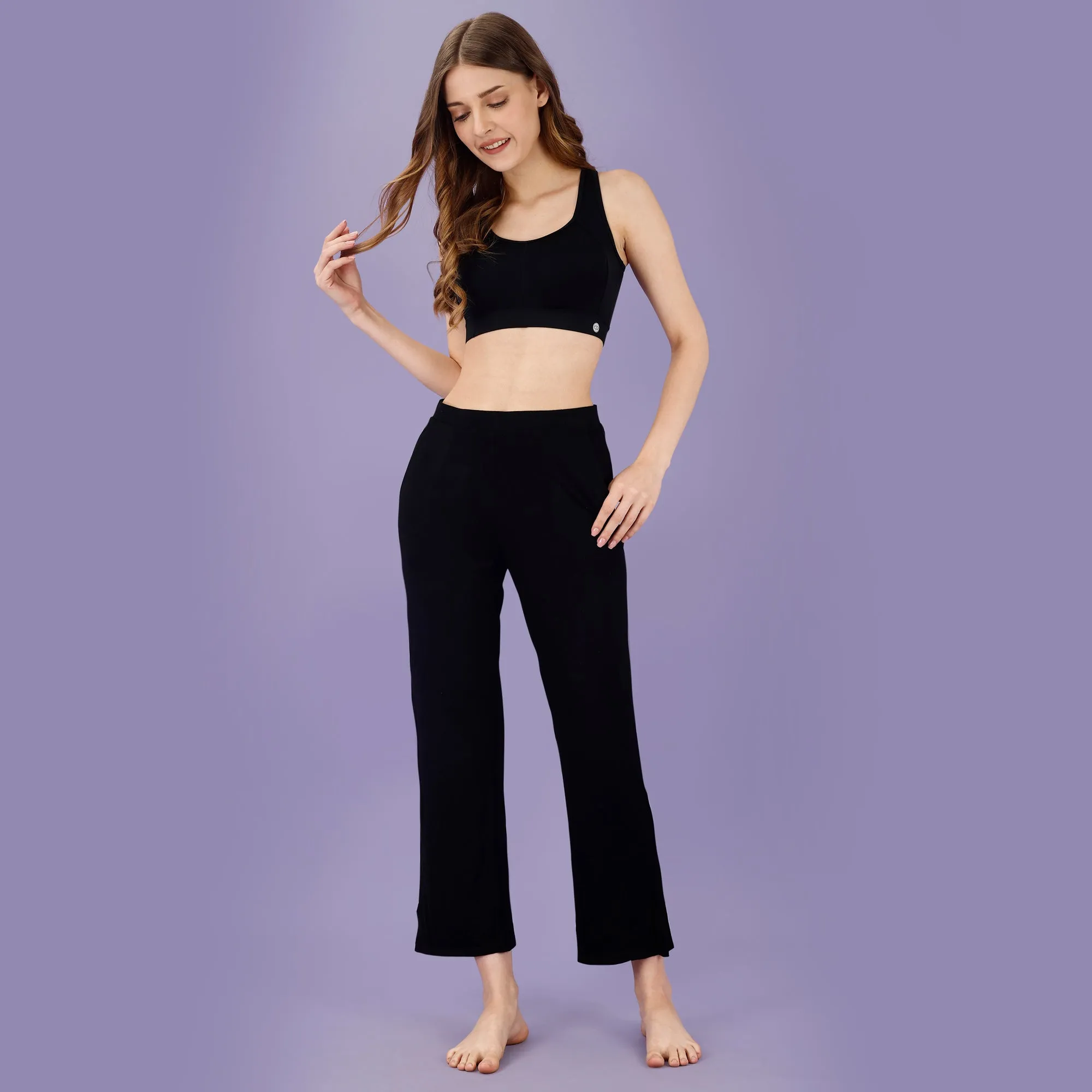 Mid Rise Flared Ankle Length Soft Lounge Pants with Side Slit and Pockets-NT-128