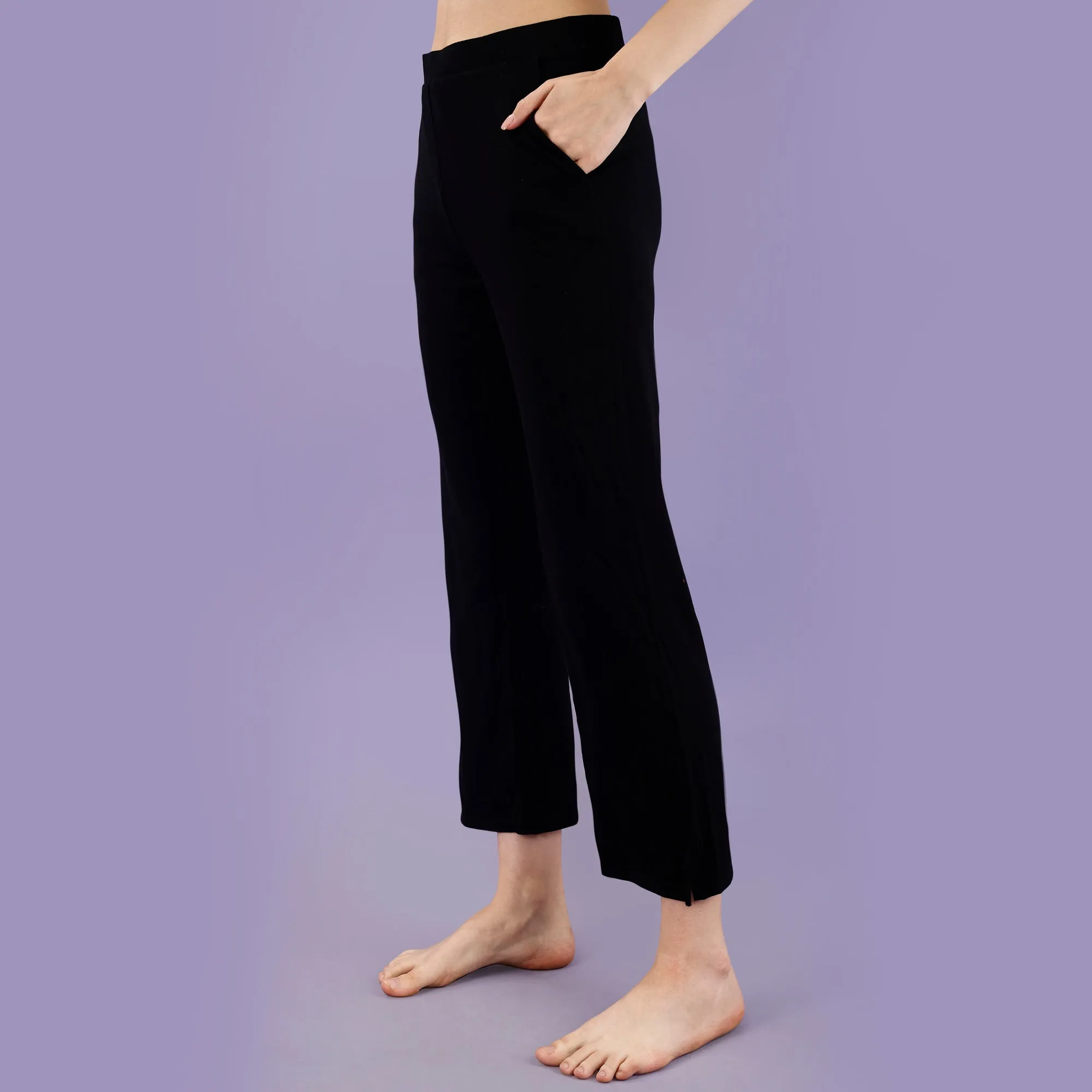 Mid Rise Flared Ankle Length Soft Lounge Pants with Side Slit and Pockets-NT-128