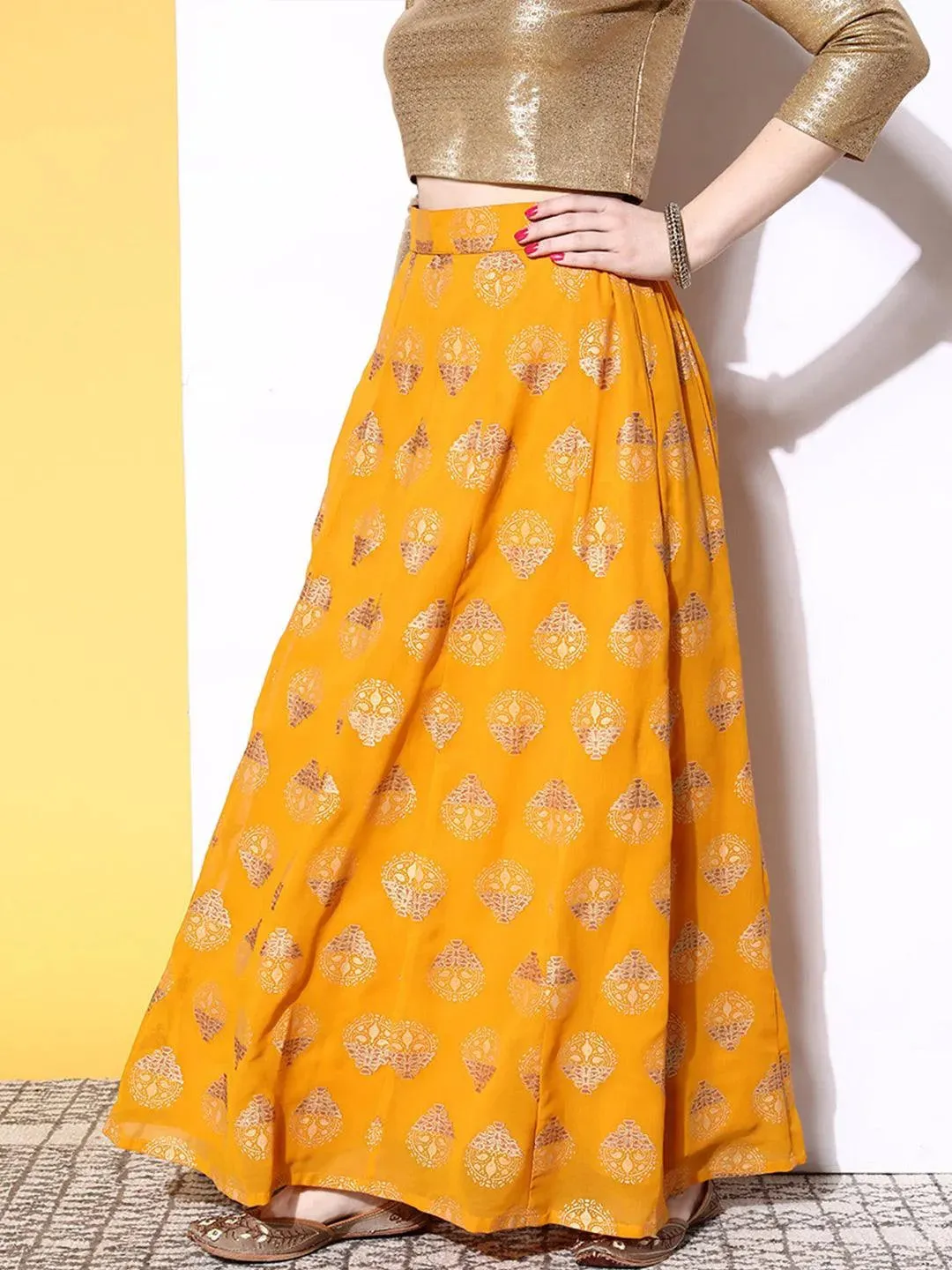 Mustard Printed Georgette Skirt