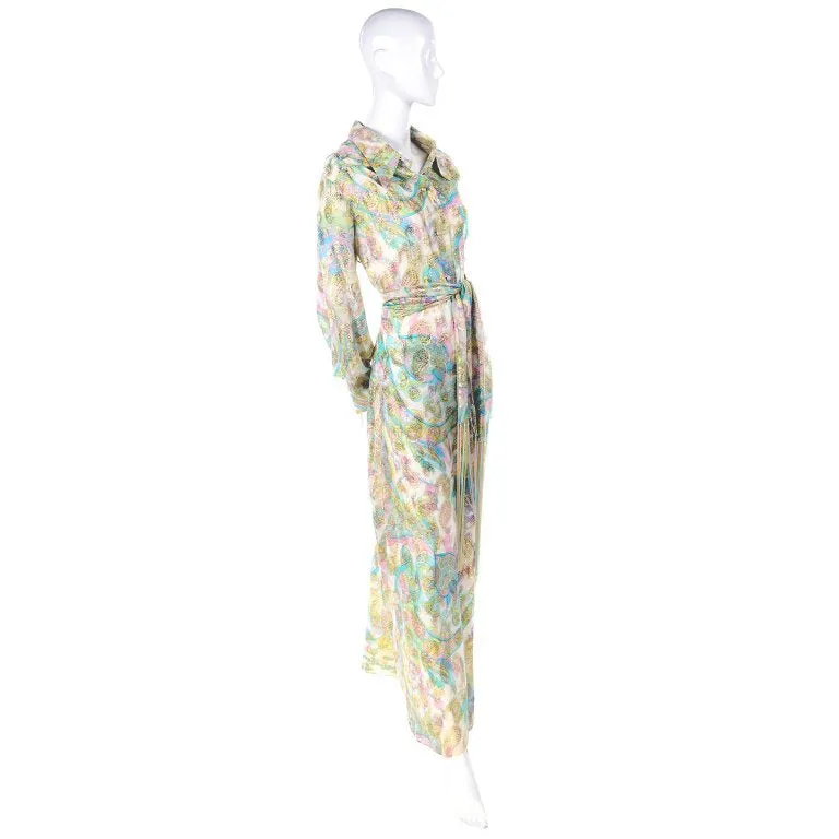 Nat Kaplan Couture Long Dress w/ Metallic Gold Paisley & Pastel Caftan Style