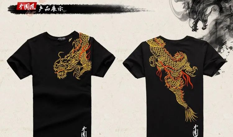 New Arrival China National Wind Dragon, embroidery shirts, tops for Summer, short-sleeve high-quality cotton t-shirt