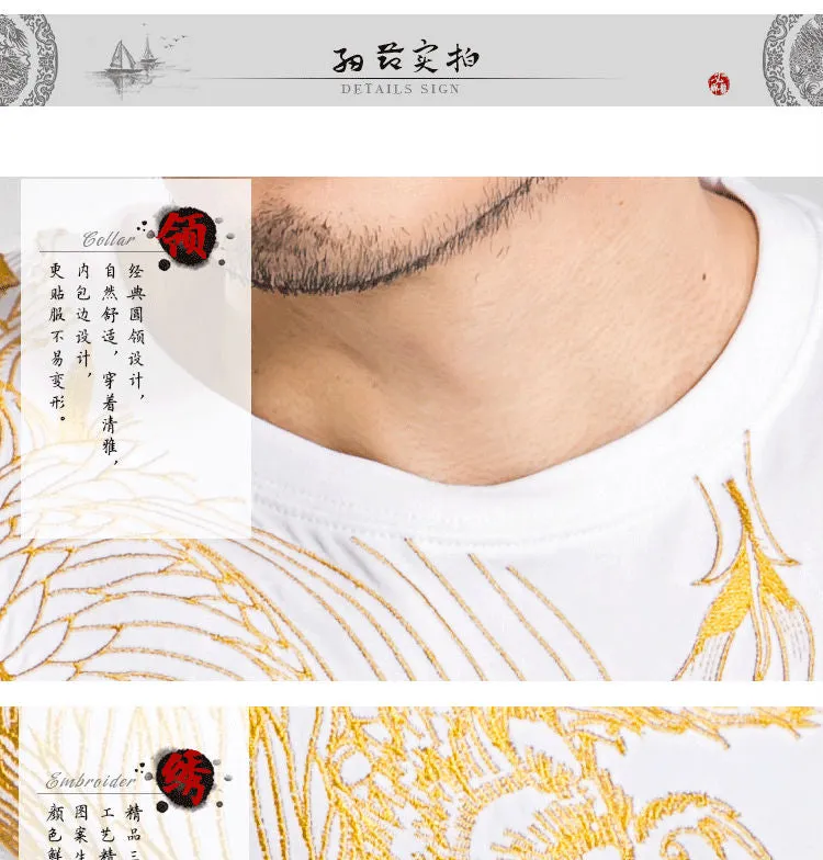 New Arrival, Chinese Style Dragon, Phoenix Embroidery, Men's Round Neck Cotton Shirts