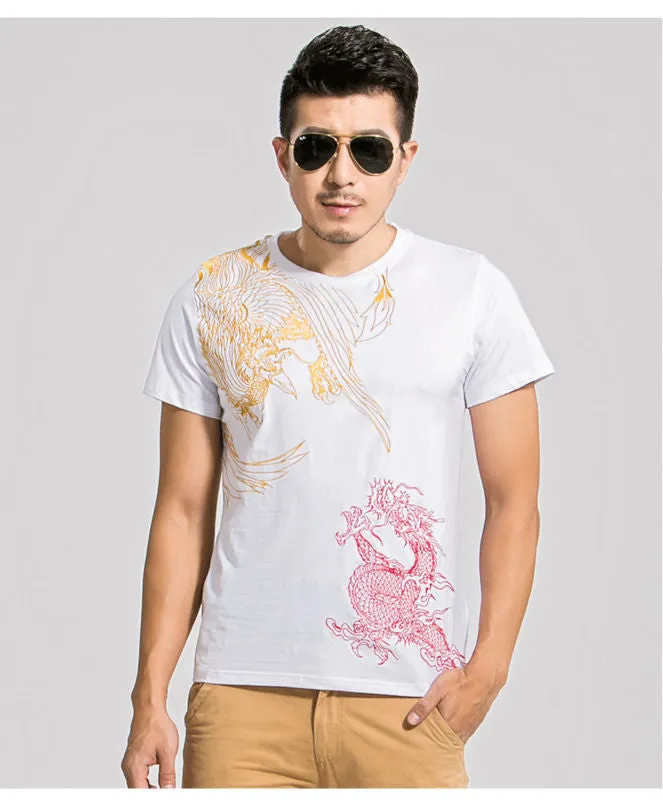 New Arrival, Chinese Style Dragon, Phoenix Embroidery, Men's Round Neck Cotton Shirts