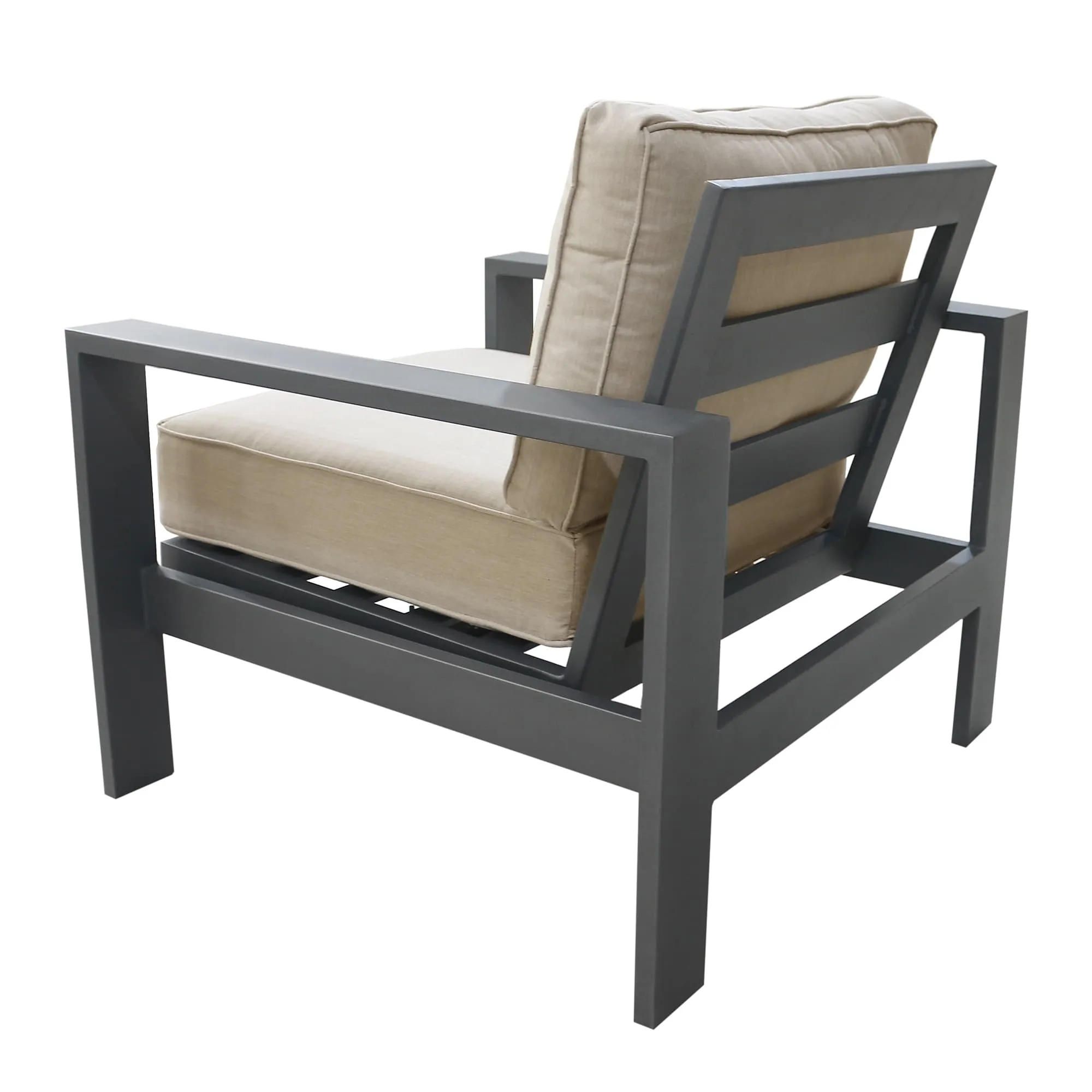 Noteworthy Club Chair In Aluminum, Remains Rust Free With UV Repellent Powder Coat Finish, Includes All-Weather Cushions, Invites You To Sink In & Relax.