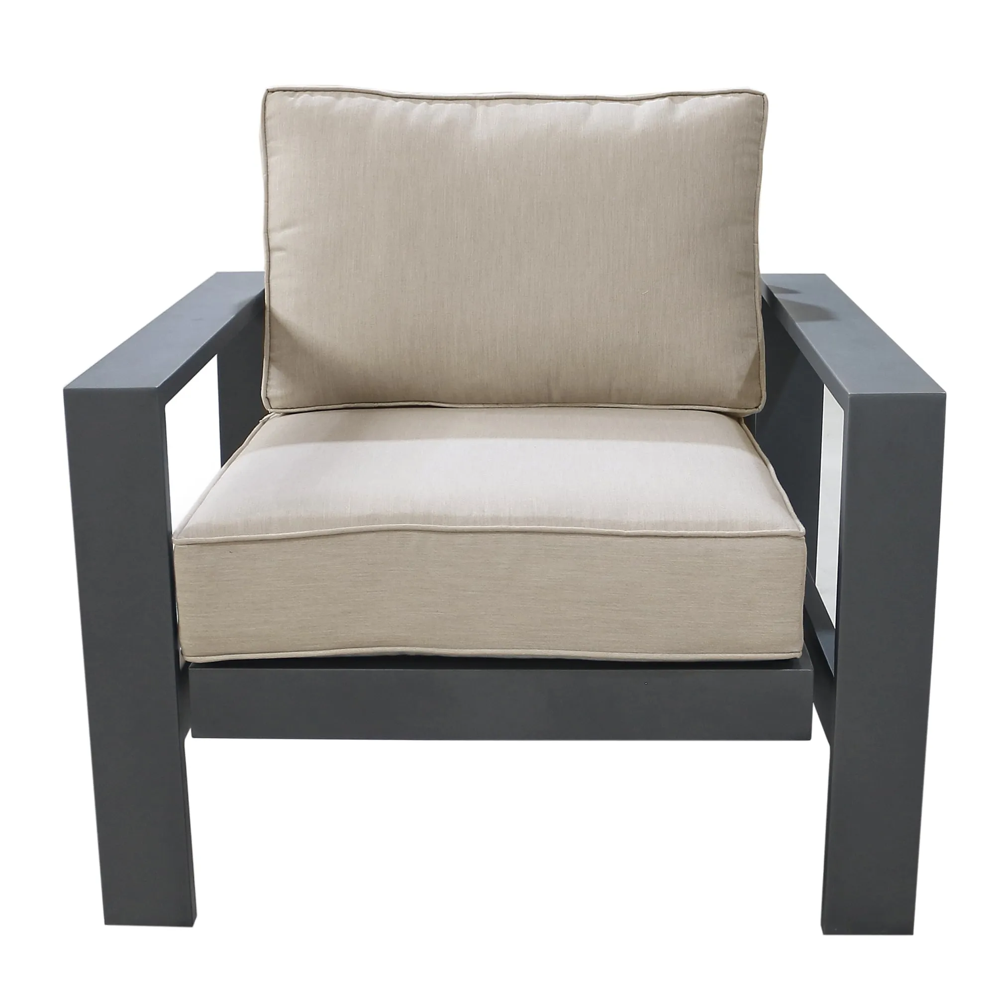 Noteworthy Club Chair In Aluminum, Remains Rust Free With UV Repellent Powder Coat Finish, Includes All-Weather Cushions, Invites You To Sink In & Relax.