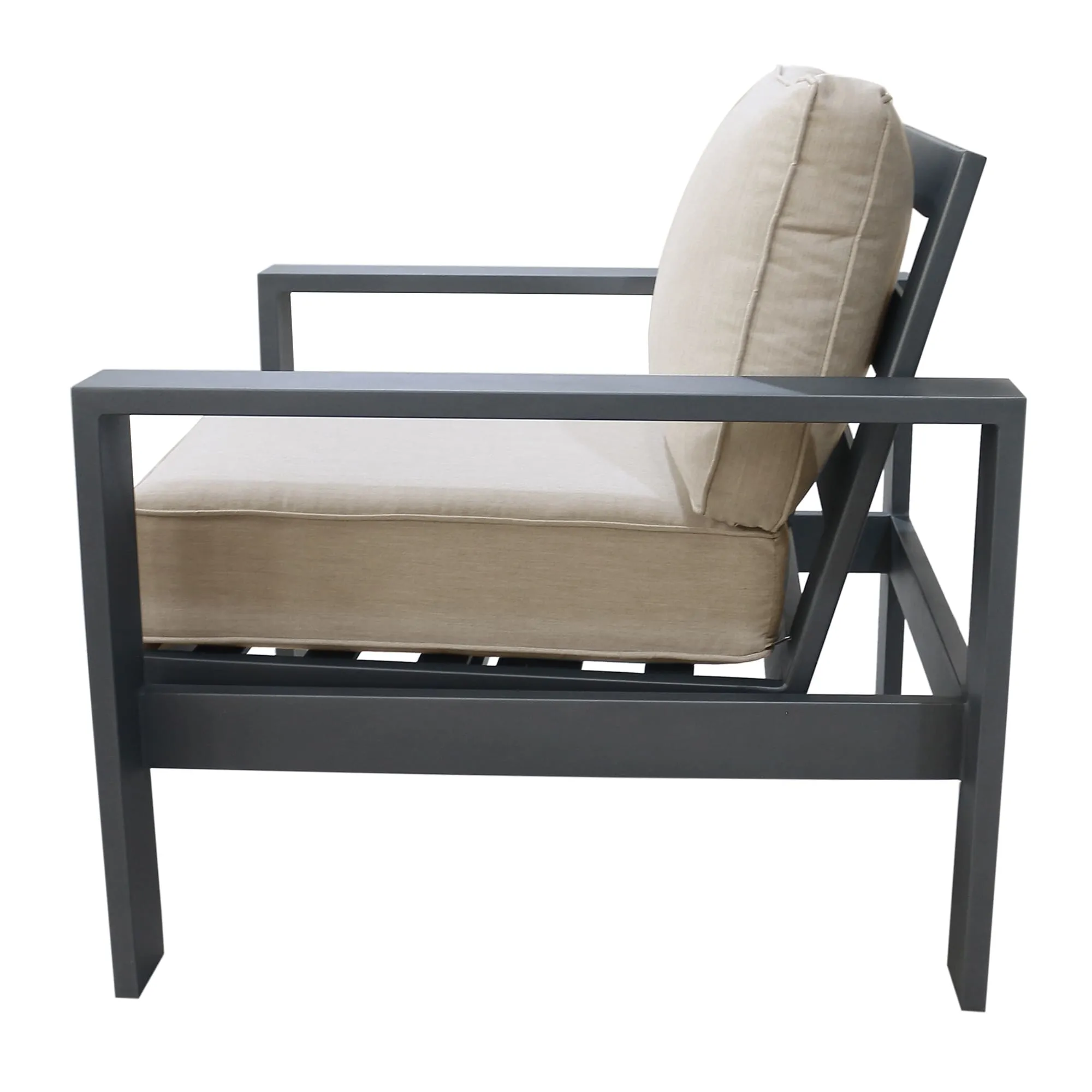 Noteworthy Club Chair In Aluminum, Remains Rust Free With UV Repellent Powder Coat Finish, Includes All-Weather Cushions, Invites You To Sink In & Relax.