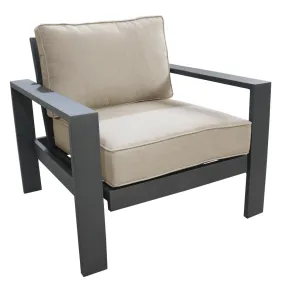 Noteworthy Club Chair In Aluminum, Remains Rust Free With UV Repellent Powder Coat Finish, Includes All-Weather Cushions, Invites You To Sink In & Relax.