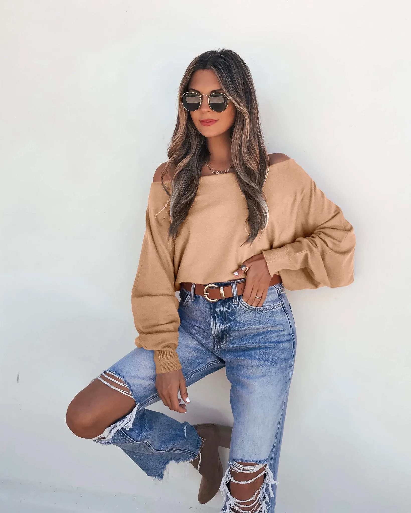 Off The Shoulder Cashmere Sweater - Camel