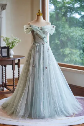 Off the Shoulder Mint Green Beaded Long Dress