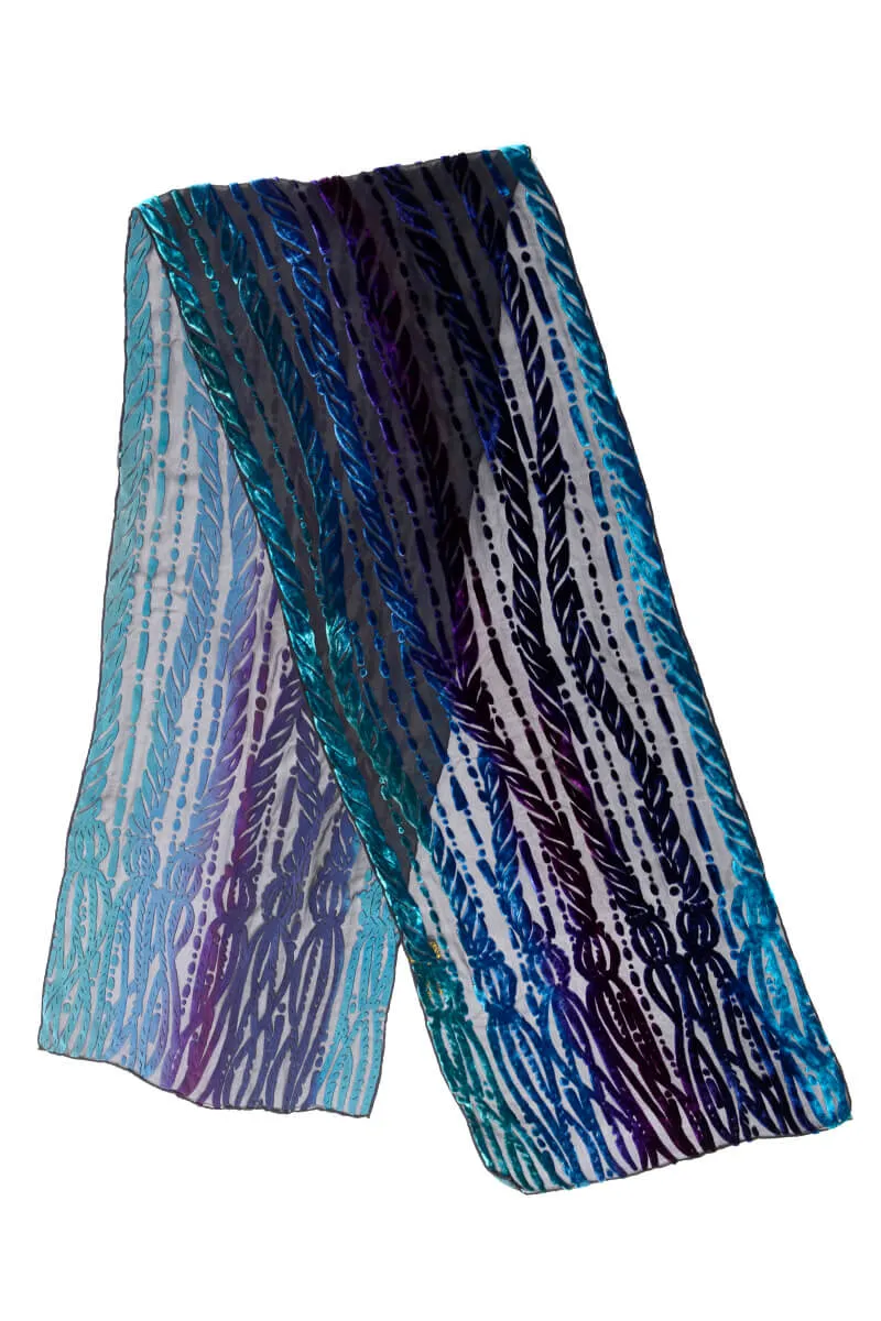 ON HOLD // 1990s Bob Mackie Wearable Art Blue & Purple Burnout Silk Velvet Long Scarf