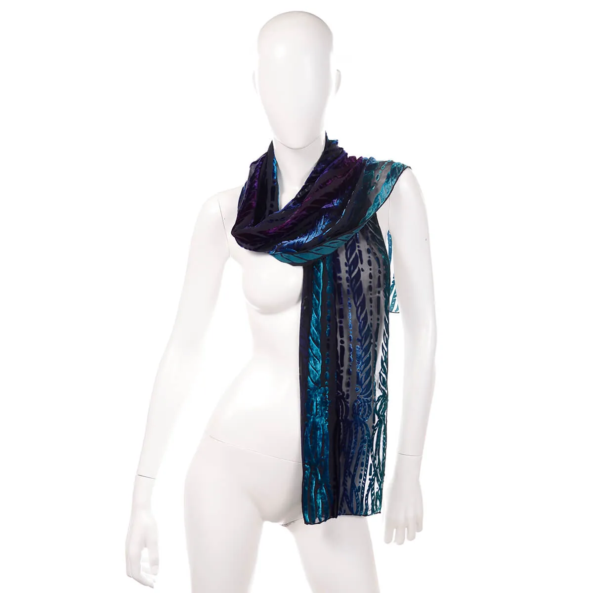 ON HOLD // 1990s Bob Mackie Wearable Art Blue & Purple Burnout Silk Velvet Long Scarf