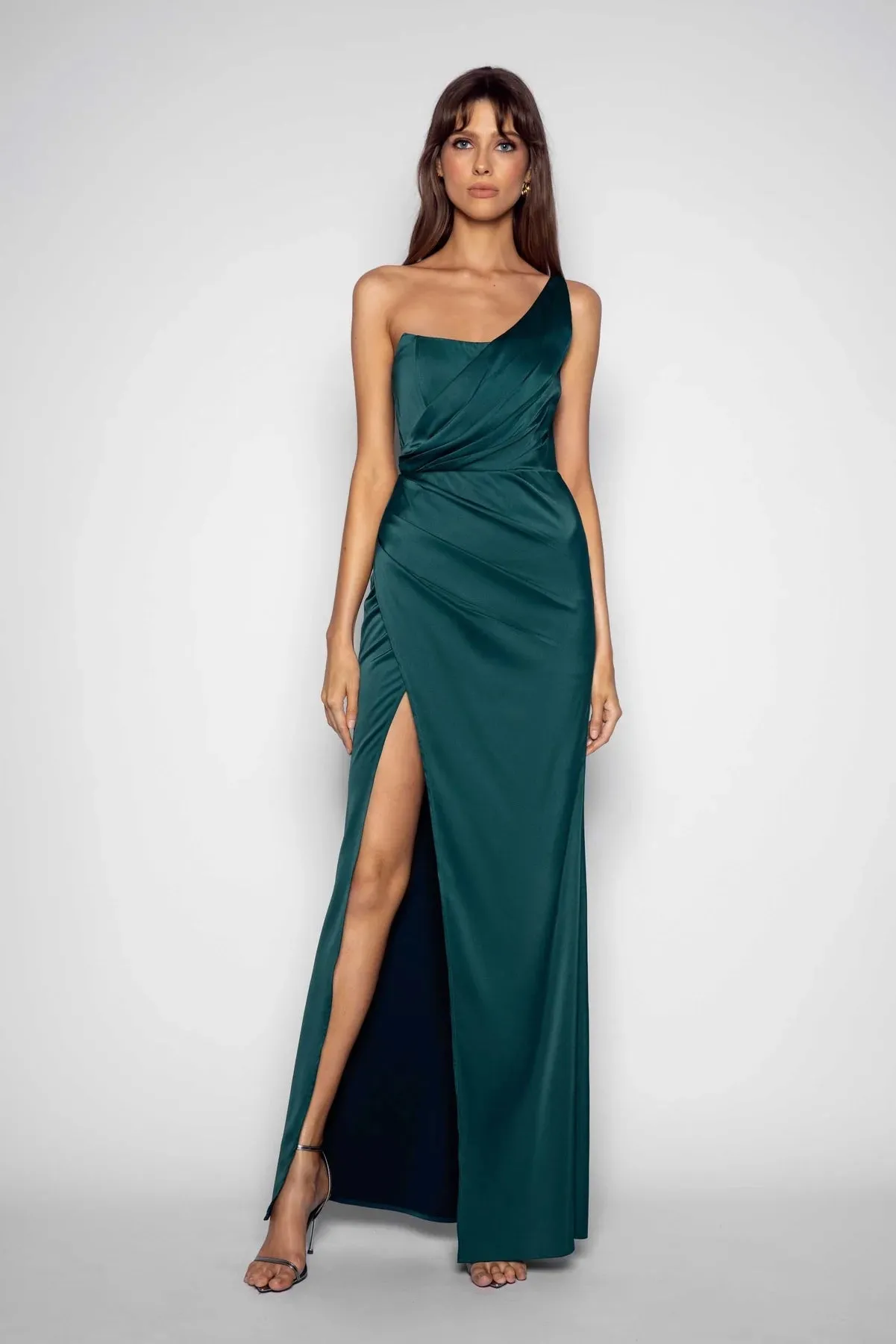 One Shoulder Ruched Gown - Deep Green