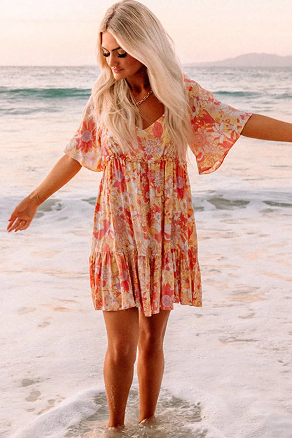 Orange Wide Flutter Sleeve V Neck Floral Dress