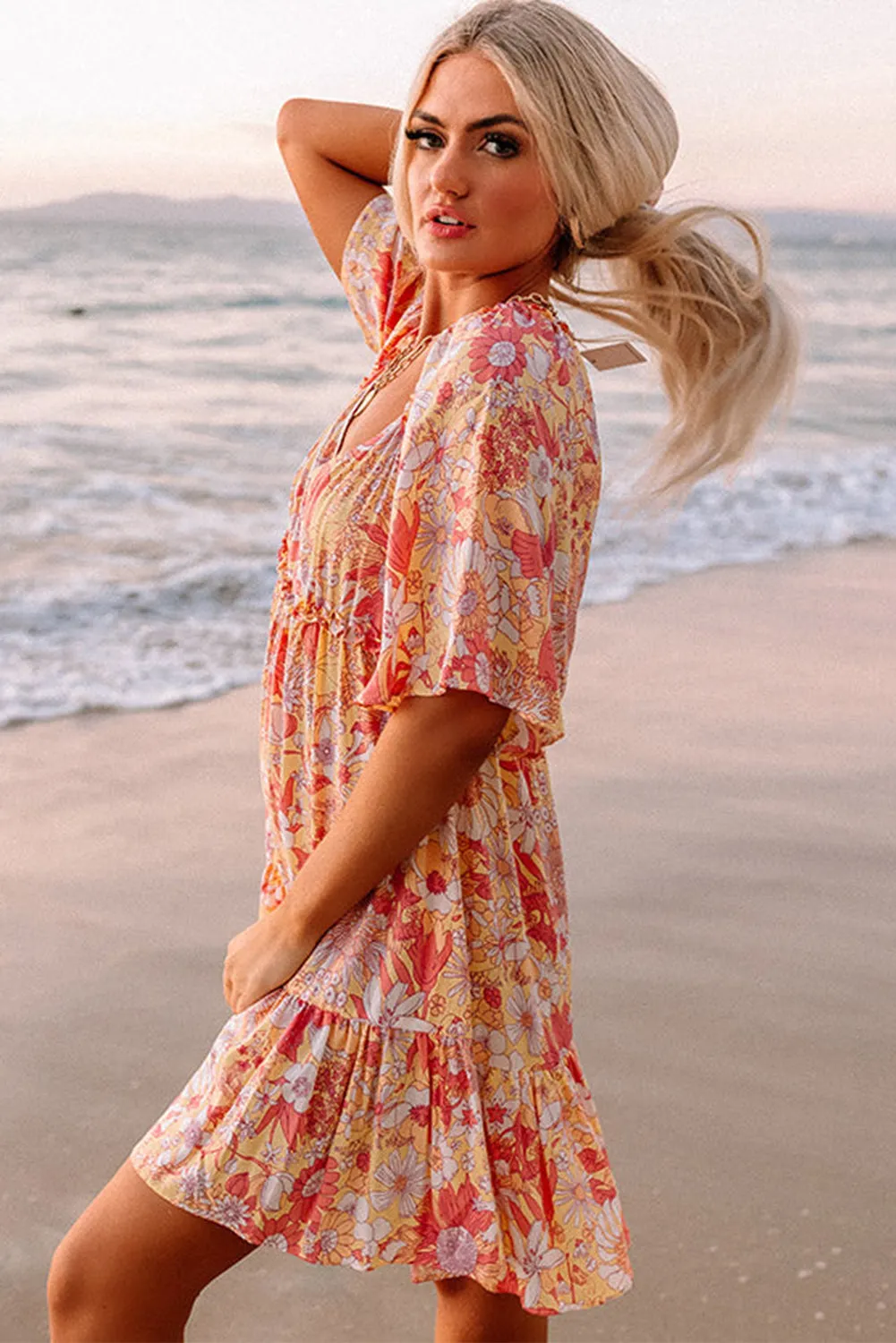 Orange Wide Flutter Sleeve V Neck Floral Dress