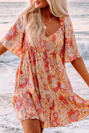 Orange Wide Flutter Sleeve V Neck Floral Dress