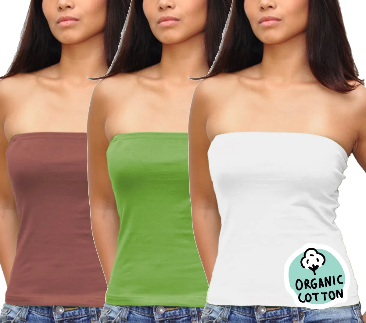 ORGANIC COTTON BASIC LONG TUBE TOP PACK OF 3 (WHITE/GREEN/BROWN)