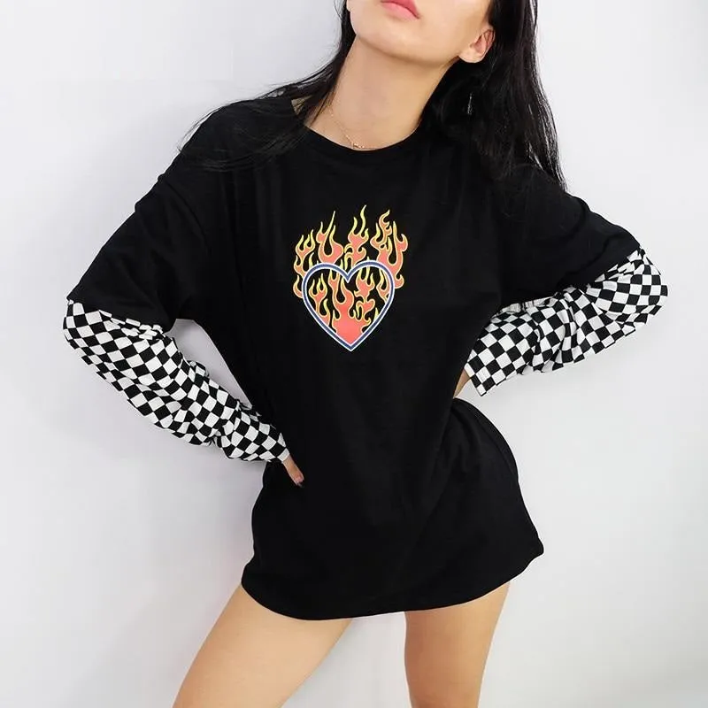 Oversized Cotton Checkerboard Patchwork Graphic Plus Size Long Sleeve