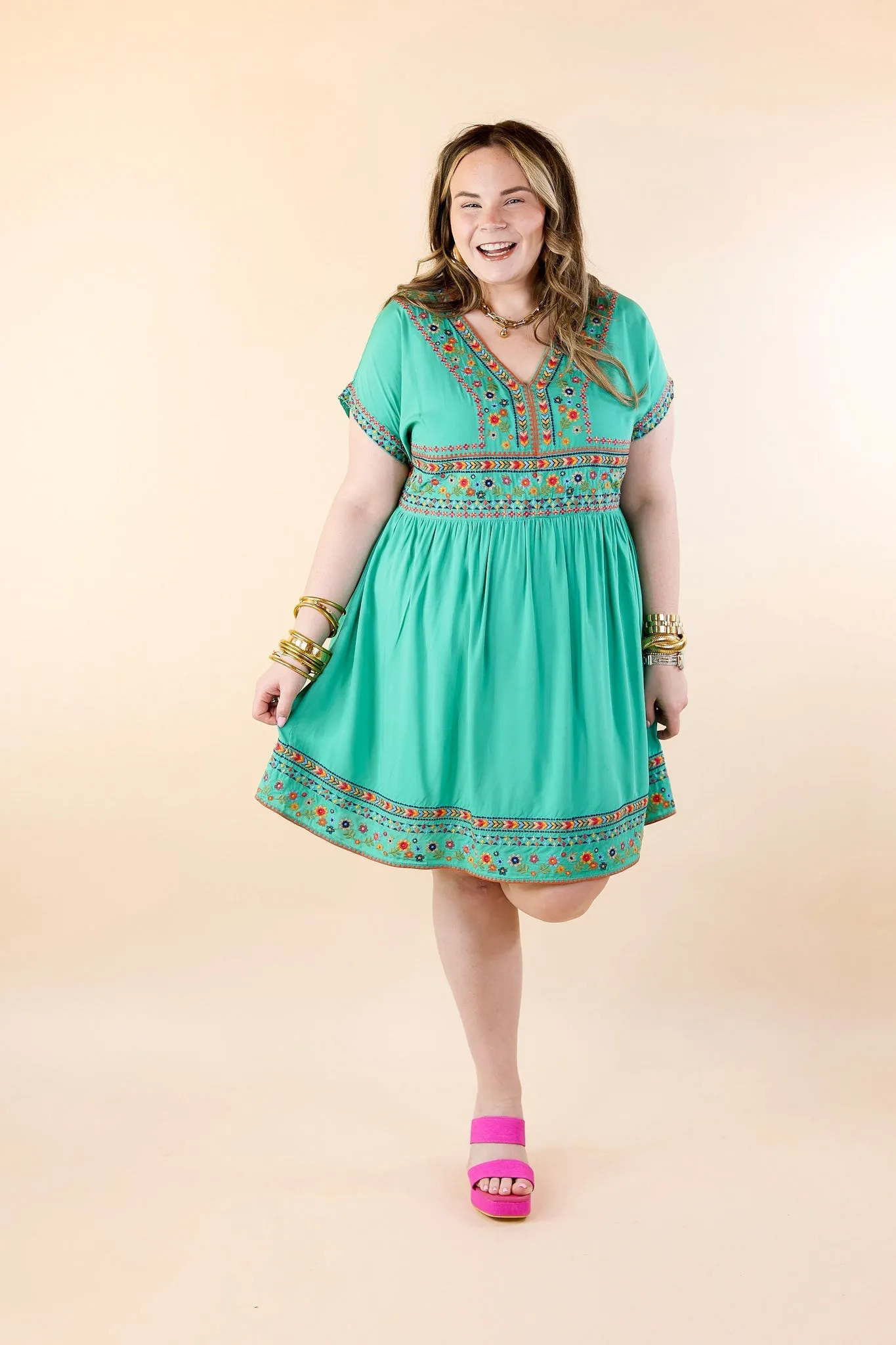 Passing Through V Neck Embroidered Dress with Short Sleeves in Mint Green