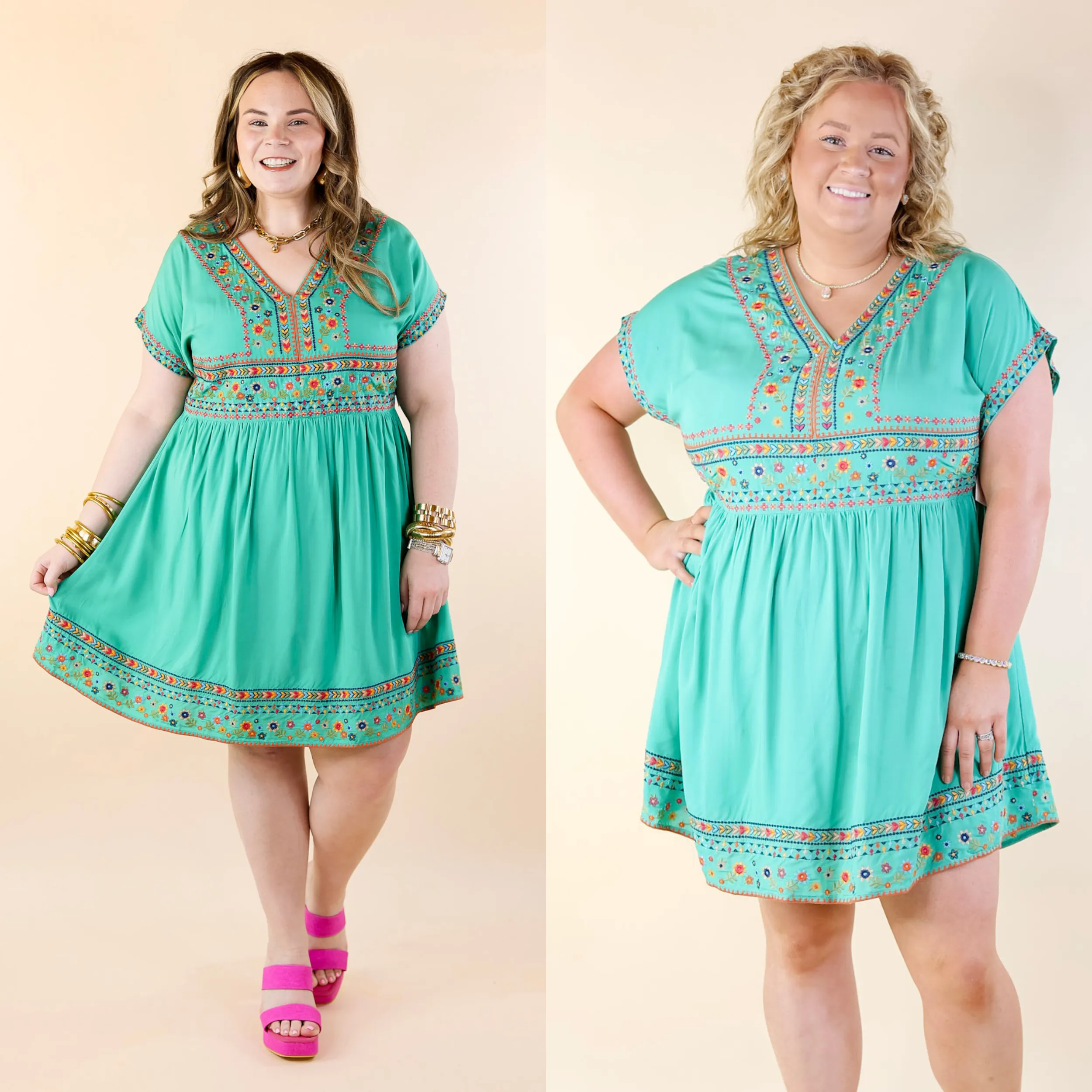 Passing Through V Neck Embroidered Dress with Short Sleeves in Mint Green