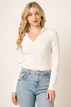 Pearl Polo Long Sleeve Ribbed Knit Top