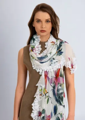 Petals Floral Print Modal and Silk Scarf with a Scalloped Ivory Lace Border