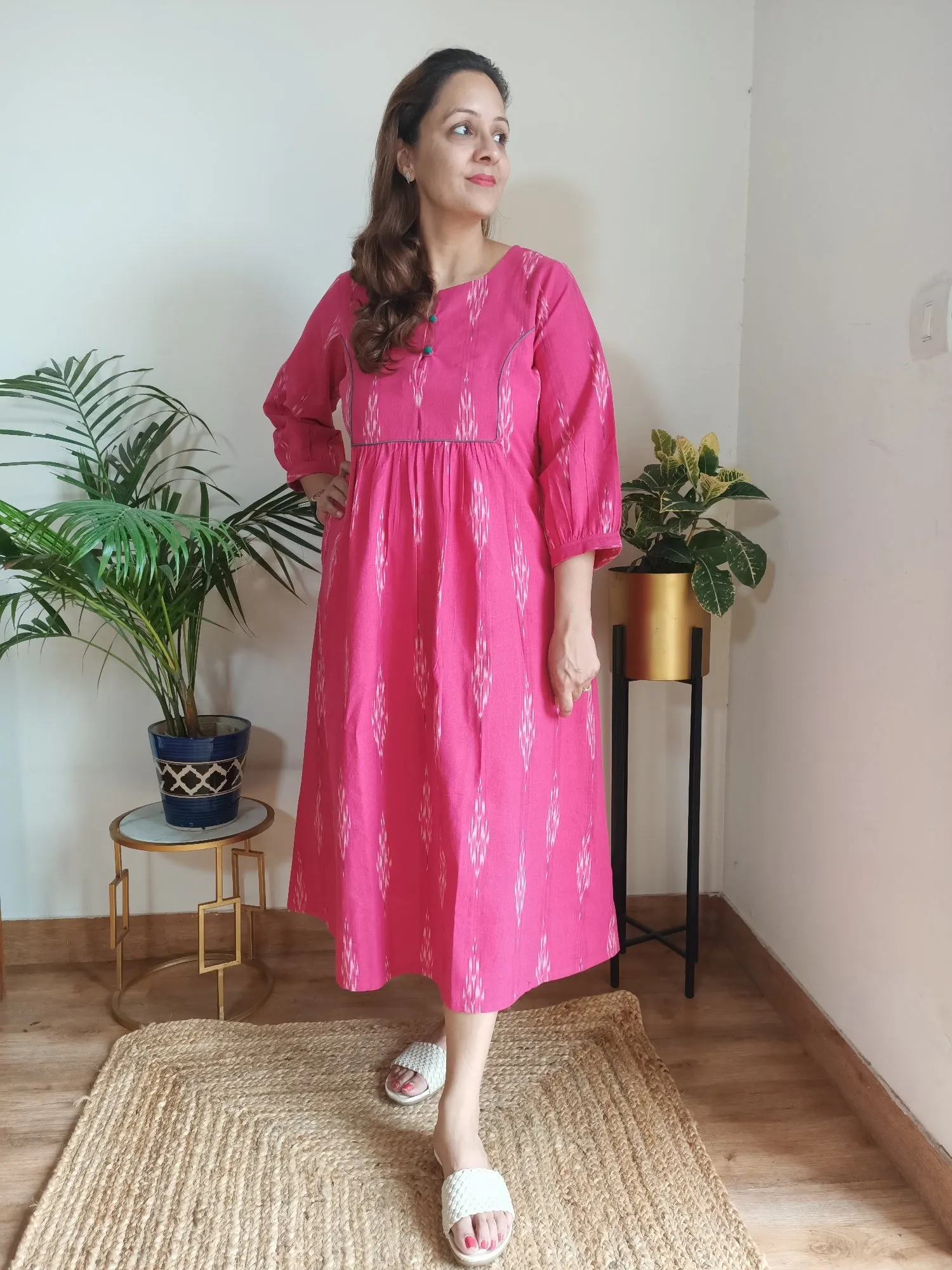 Pink Ikat Cotton 'Mahi' Yoke Dress