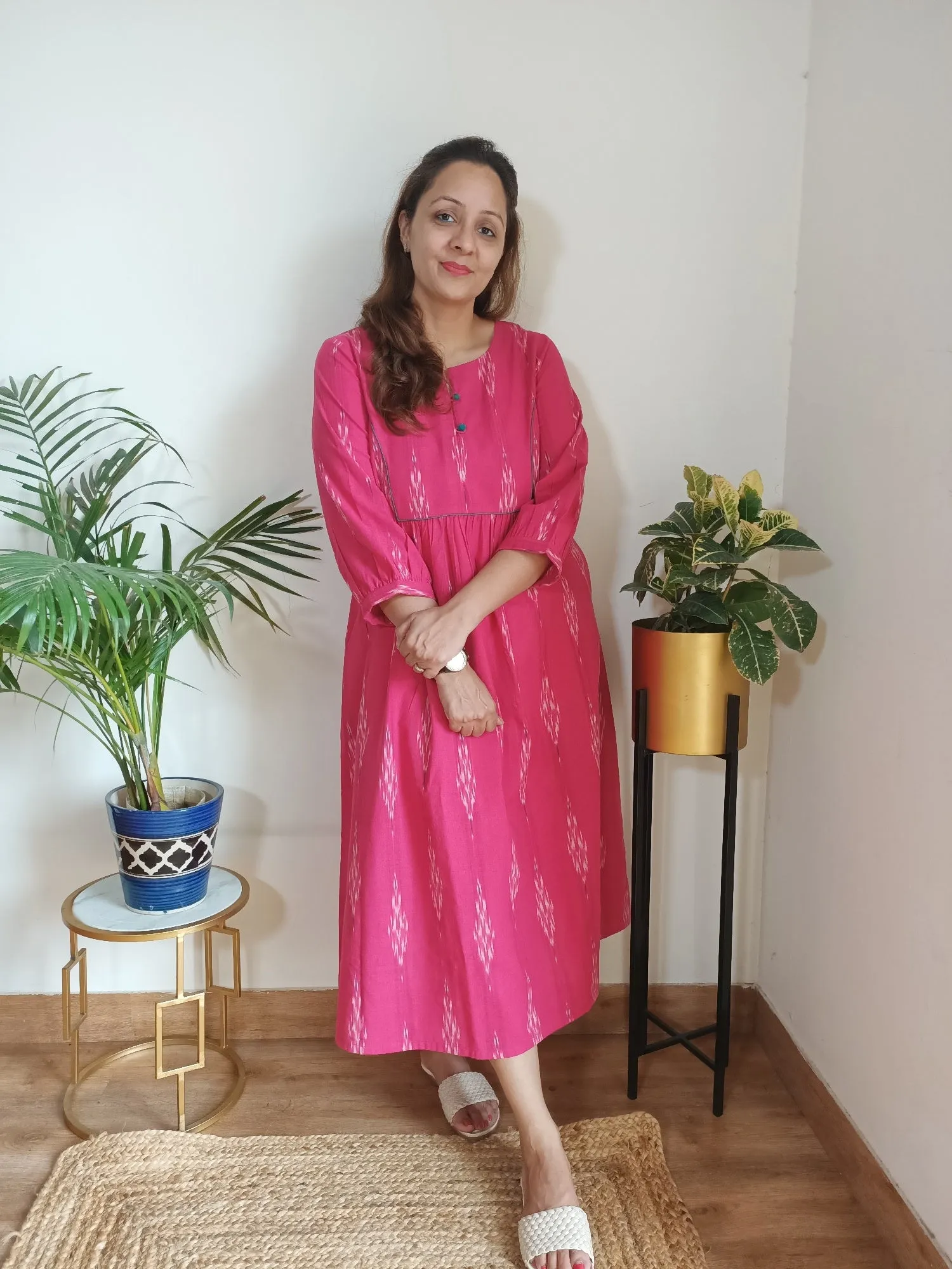 Pink Ikat Cotton 'Mahi' Yoke Dress