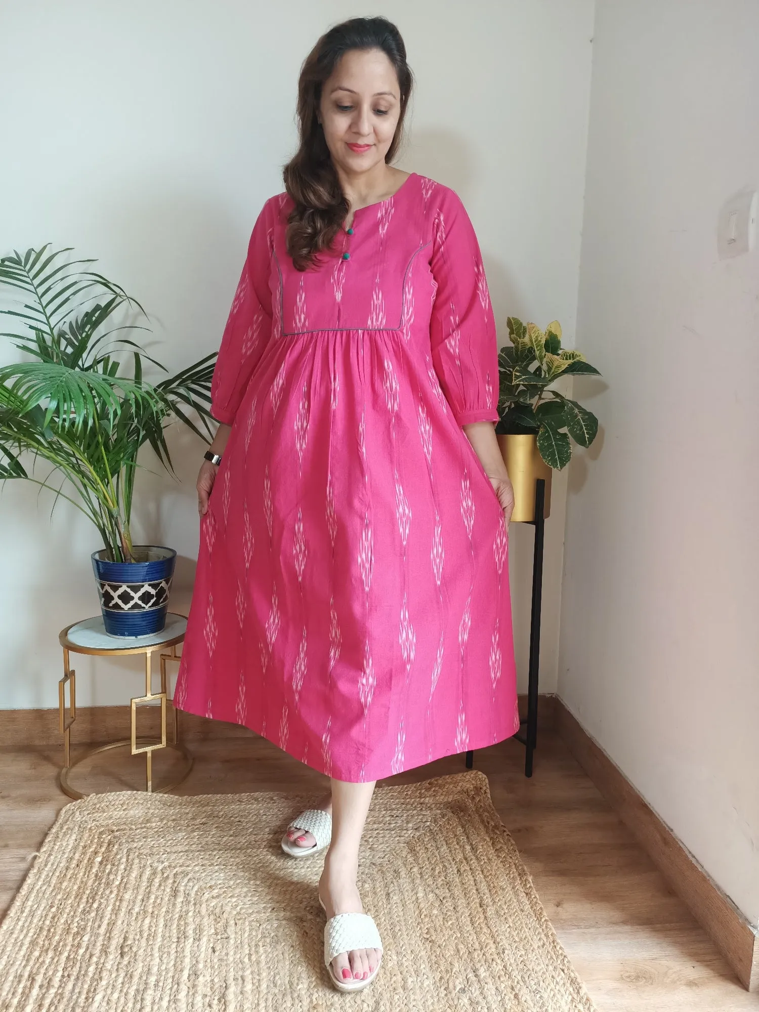 Pink Ikat Cotton 'Mahi' Yoke Dress