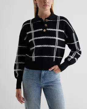 Plaid Novelty Button Polo Sweater in Pitch Black